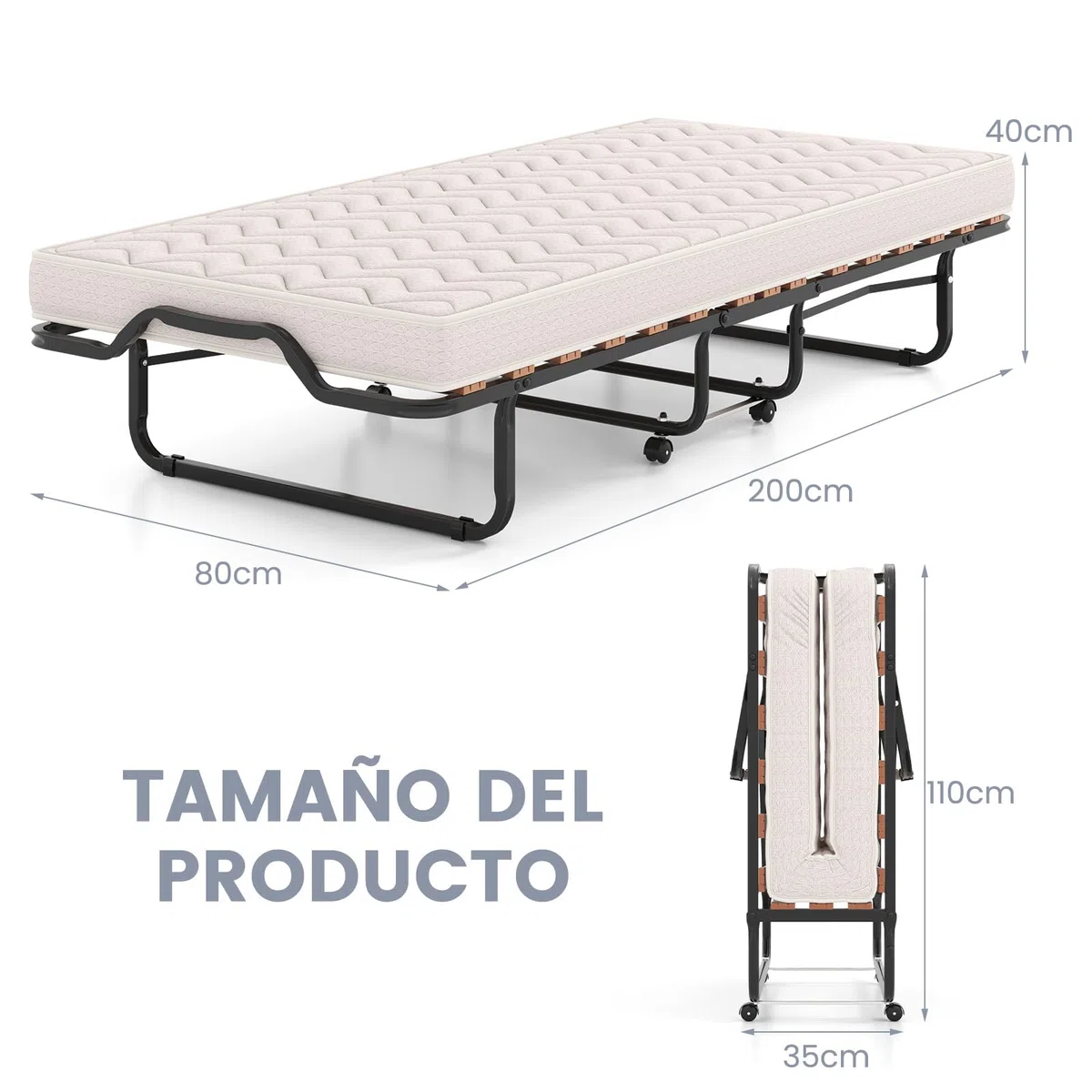 COSTWAY Cama Plegable con Colchón en Memory Foam 80 X 200 cm, Cama Supletoria Plegable con Ruedas para Casa, Acolchado Ondulado con Doble Relleno de Fibra, Ahorra Espacio, (Beige 2)
