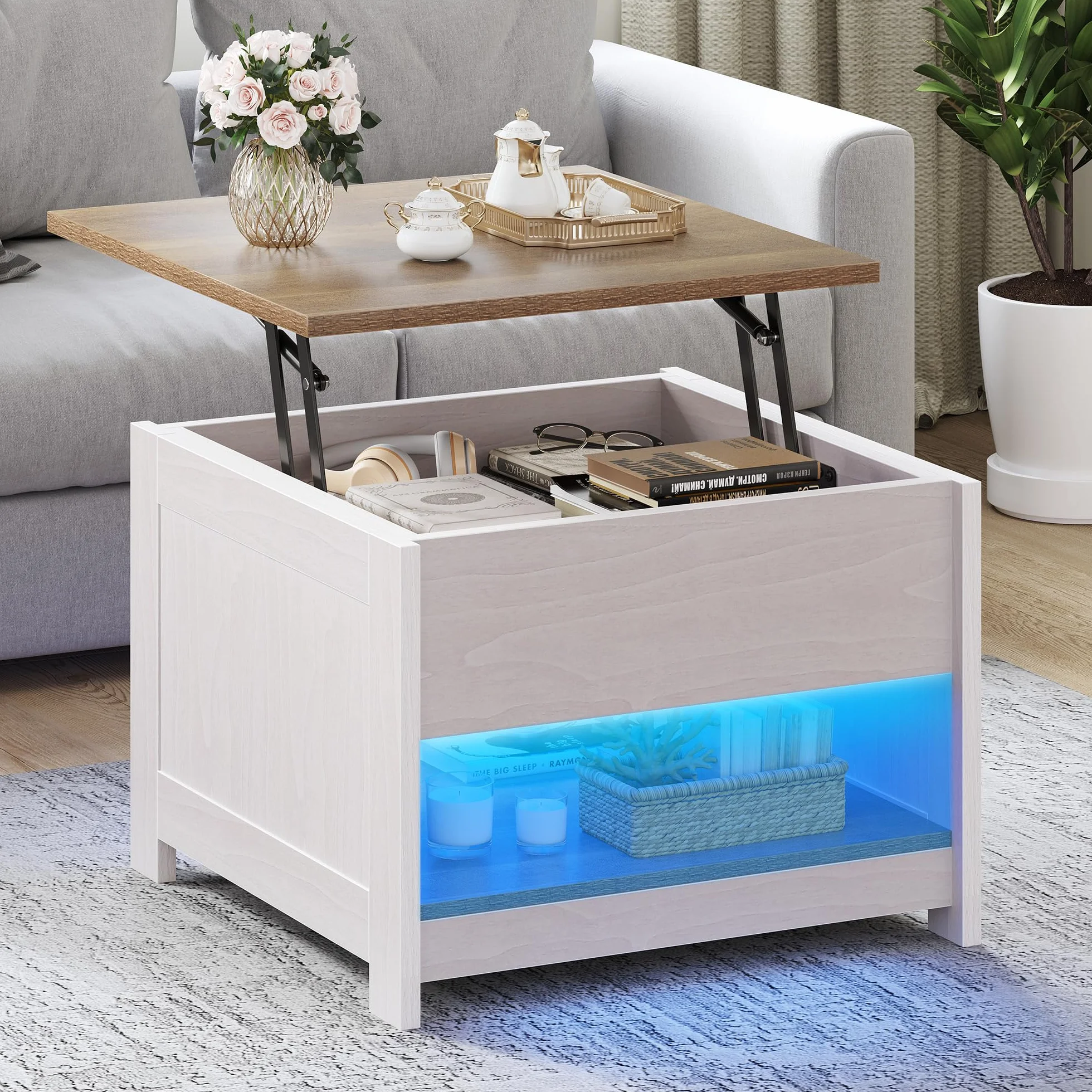 YITAHOME Mesa Centro Elevable con Estante, Mesita de Salón Cuadrada Mesa Café Moderna para sofá, Dormitorio, 60 x 60 x 45 cm
