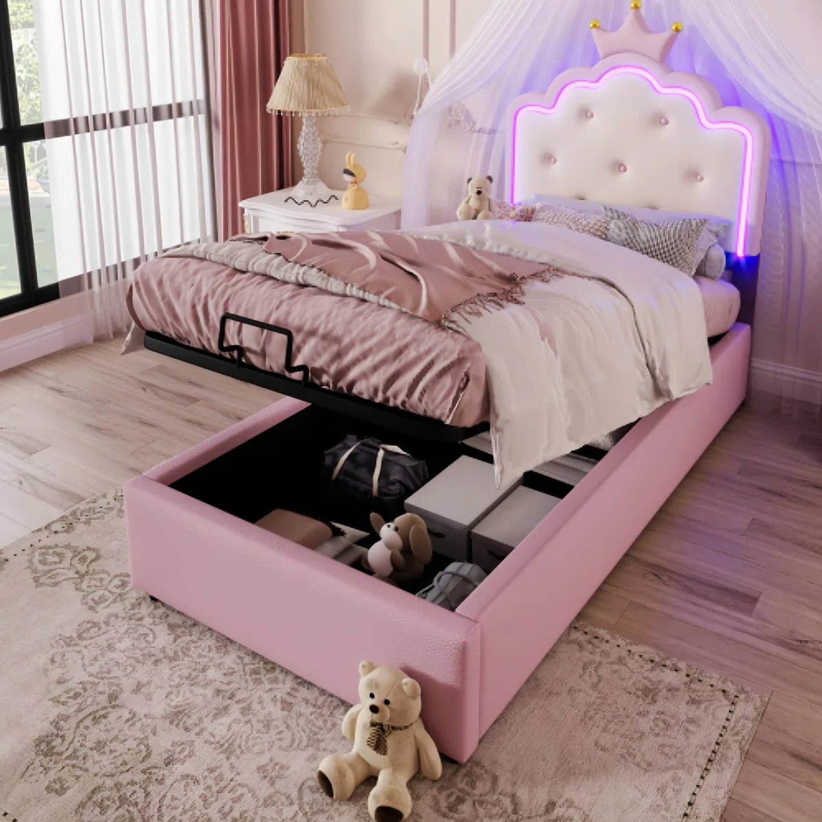 Lubvtti Cama Acolchada 90x200 cm con luz Ambiental,Cama Individual con contenedor,Cama Infantil,Forma de Corona de Princesa,Cama con almacenaje,con somier de láminas,PU
