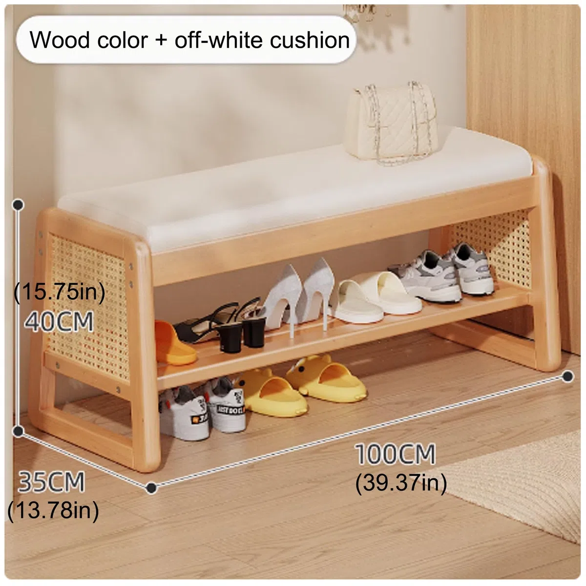 Banco Zapatero Entrada Recibidor con Asiento Banco Almacenaje Banqueta Dormitorio Banco Madera Banco Pie de Cama para Sala de Estar Pasillo(Off White,100cm/39.37in)
