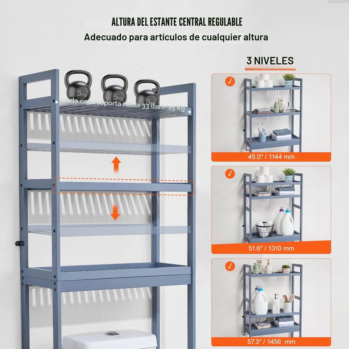 VEVOR Estante para Inodoro Ajustable de 3 Niveles Almacenamiento sobre Inodoro Estantería de Madera para Baño con 3 Ganchos Mueble de Baño Adecuado para la Mayoría de los Inodoros, Lavadero, Gris