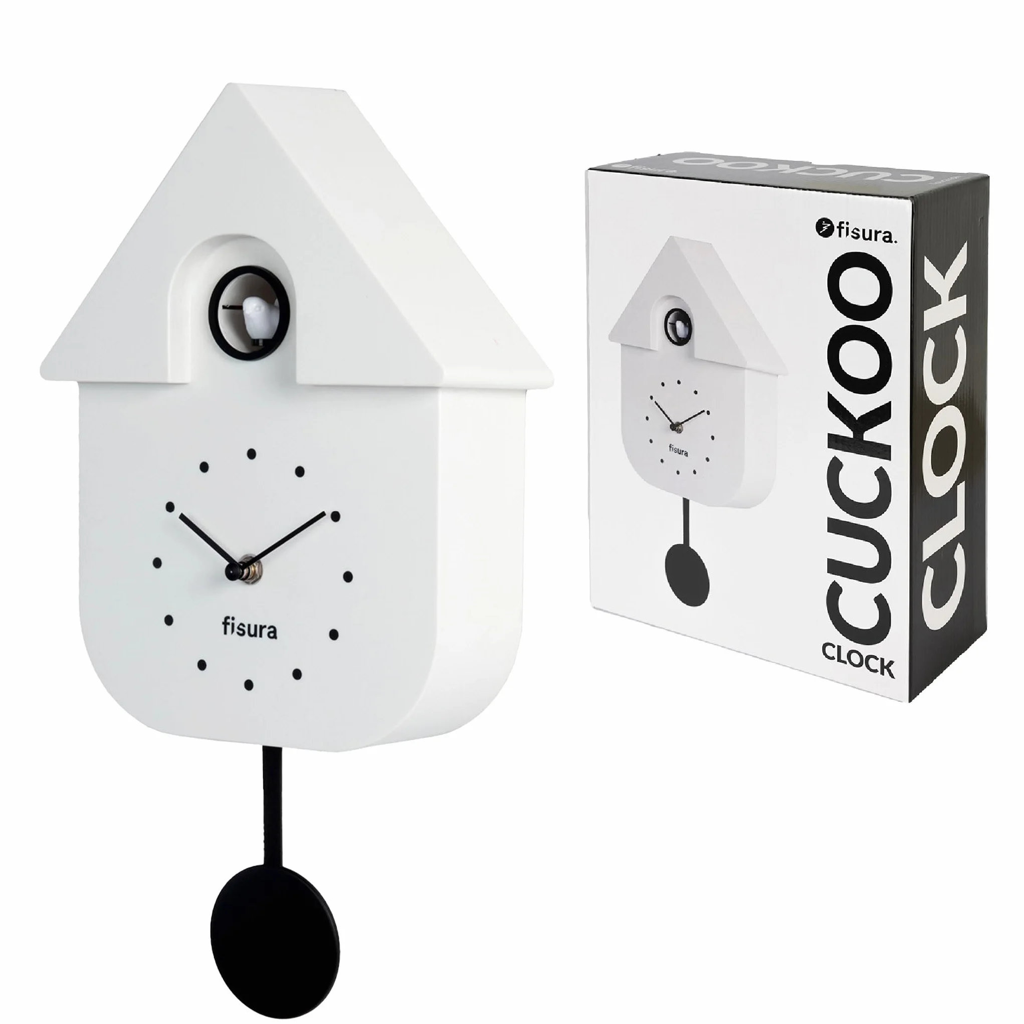Fisura - Reloj de Cuco Blanco y dial Negro. Reloj Pared. Reloj Pared Original para Regalo. 3 Pilas AA no Incluidas. Medidas: 21,5 x 8 x 41,5. Plástico ABS.