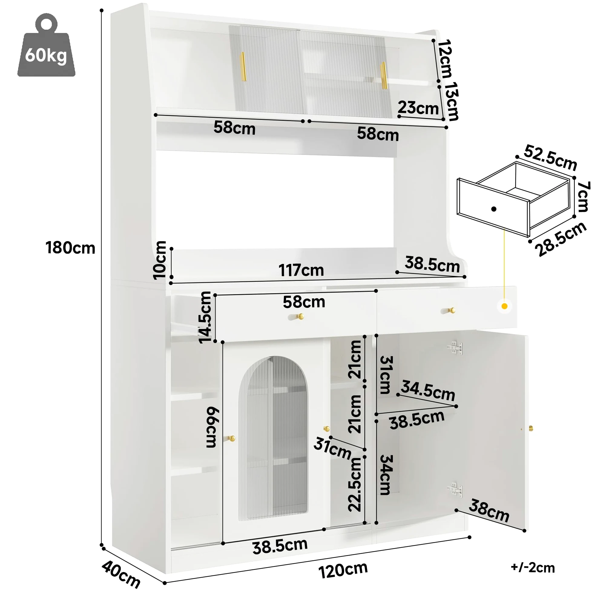 Armario de cocina alto con cajones y puertas correderas de cristal, 120 x 40 x 180 cm, armario alto con estantes ajustables, encimera ancha, armario multiusos (blanco)