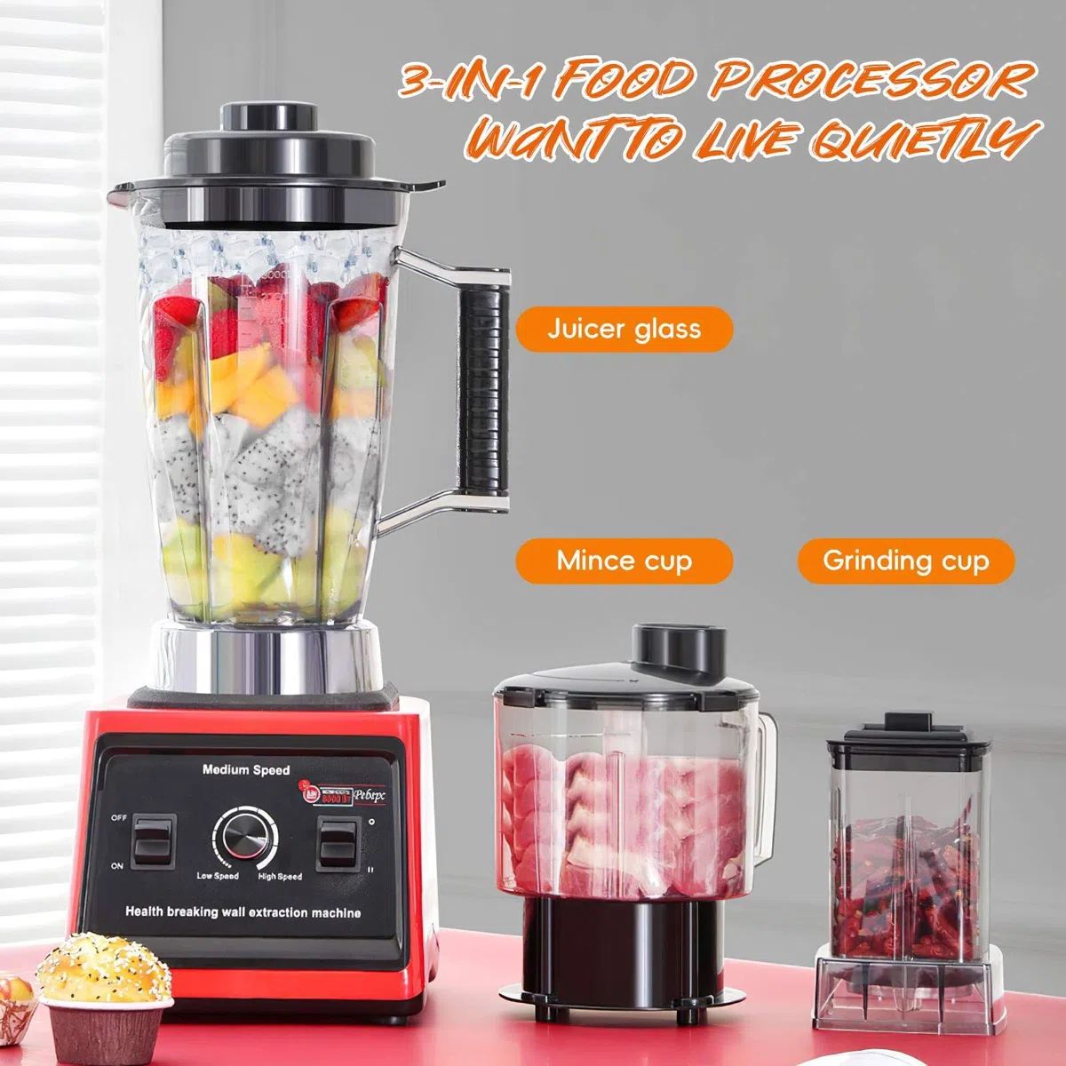 Batidora Profesional 3L,licuadoras para zumos y batidos, 3 Jarras,Cuchillas de Acero Inoxidable,15 Velocidades Ajustables,Batidora para Batidos, Granizados y Frutas (3 en 1 Rojo)