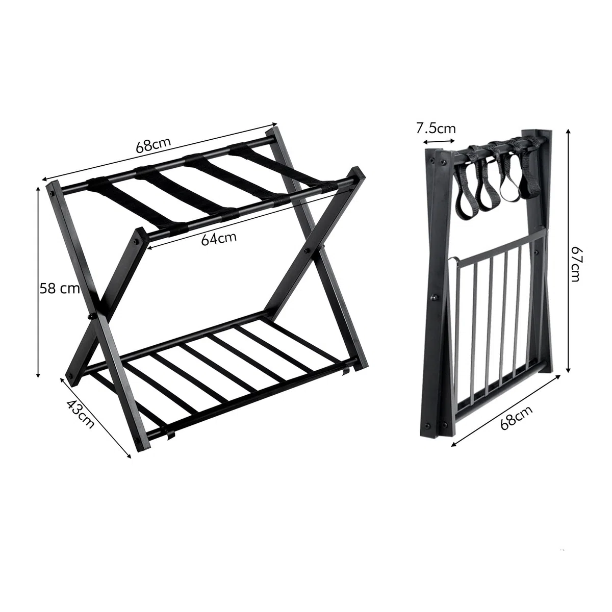 GYMAX Estante Plegable para Maletero, Portaequipajes Doble Capa, con 4 Correas Estables y Diseño de 2 Pisos, Estante de Equipaje Soporta hasta 60 kg, para Habitación de Huéspedes y Hotel (Negro, 2)