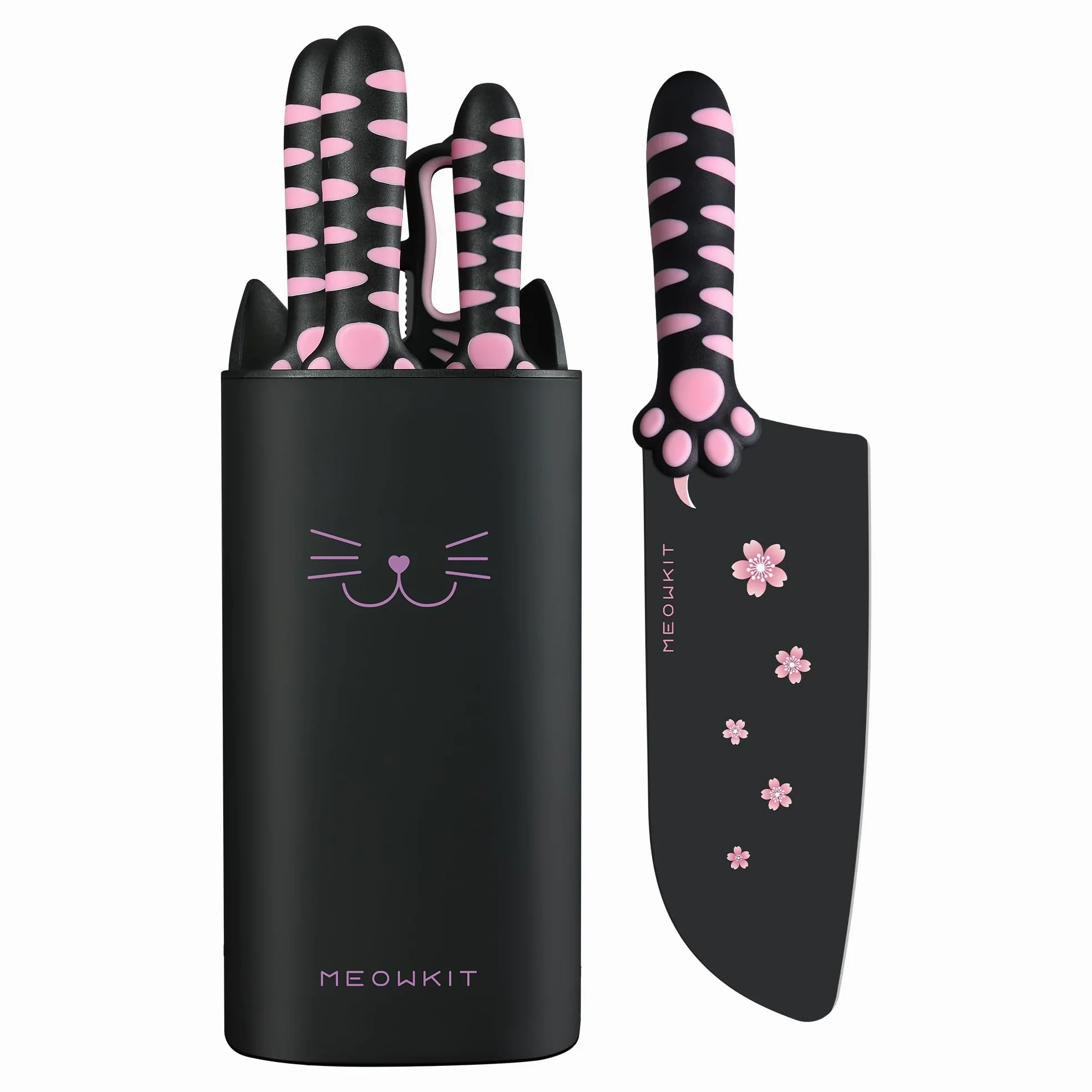 Juego de Cuchillos de 5 Piezas, Bonito Cuchillos Cocina Profesional de Acero Inoxidable, Cuchillos con Bloque Desmontable y Tijeras, Negro, Rosa