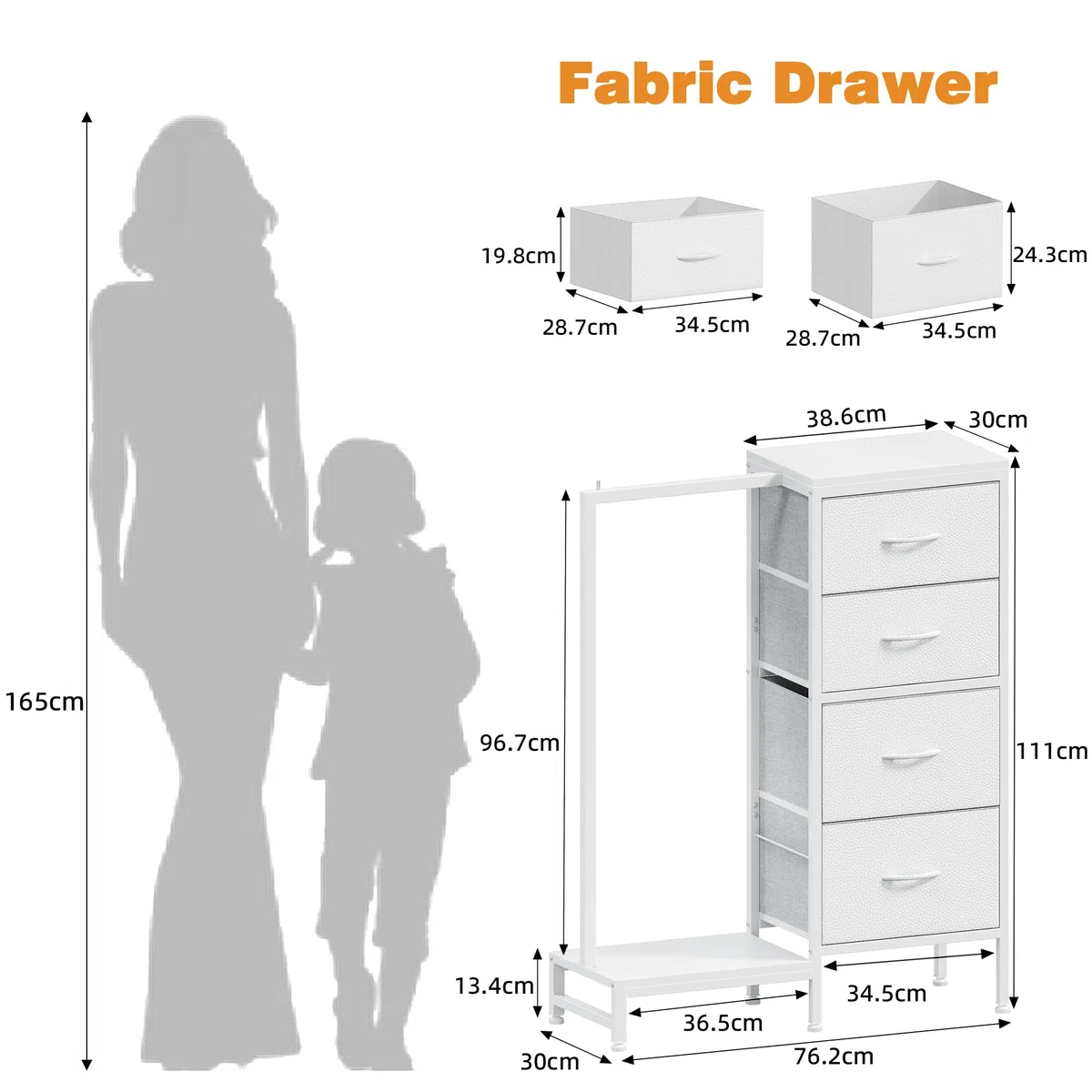 Cómoda con 4 Cajones de Tela y Barra Colgante, 111 cm, Mueble Multifunción para Dormitorio, Salón, Habitación Infantil, Pasillo, Madera Rústica rústica Blanco