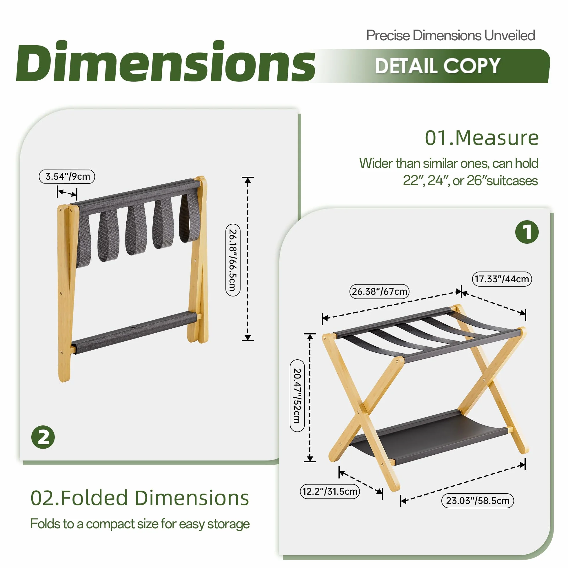 Portaequipaje, Soporte plegable para maletas con estante de almacenamiento, Portaequipaje de bambú premium para habitación de invitados, dormitorio, hotel, Soporta hasta 61 kg (Natural)