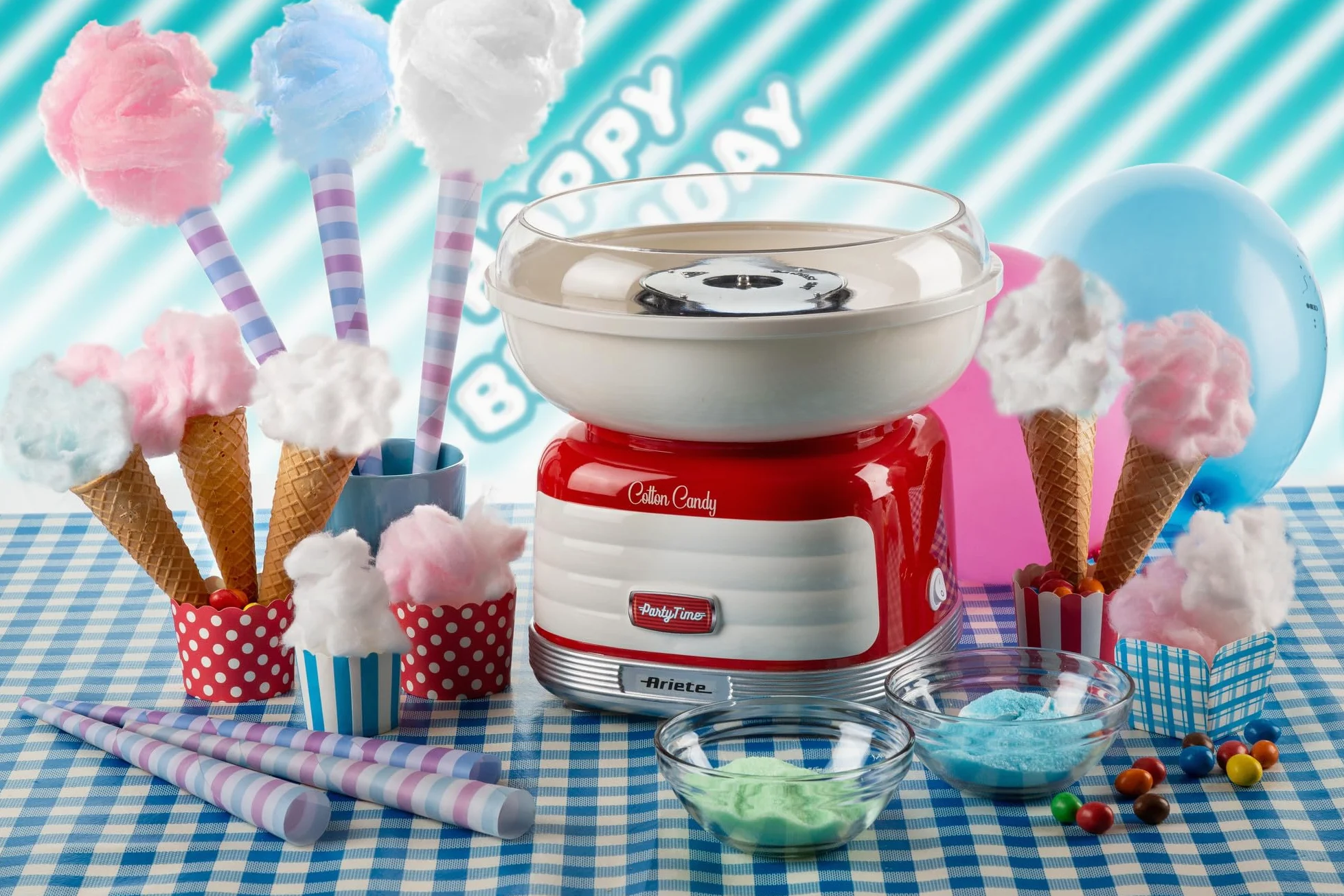 Ariete 2973, Máquina de algodón de azúcar Party Time, cotton candy, 500w, diseño retro, funciona con azúcar y caramelos duros, 2 conos de plástico, desomontable, color rojo