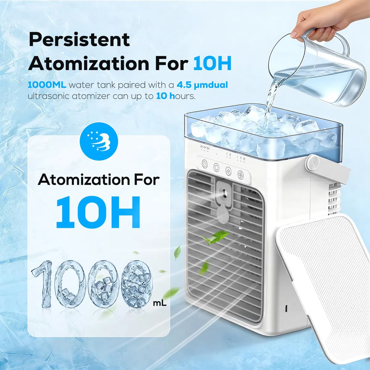 Aire Acondicionado Portátil, 3-en-1 Enfriador por Evaporación con 3 Velocidades y 2 Modos de Niebla, 1000ml Mini Aire Acondicionado, Ventilador USB con Luz RGB y Timer para Oficina Coche Camping