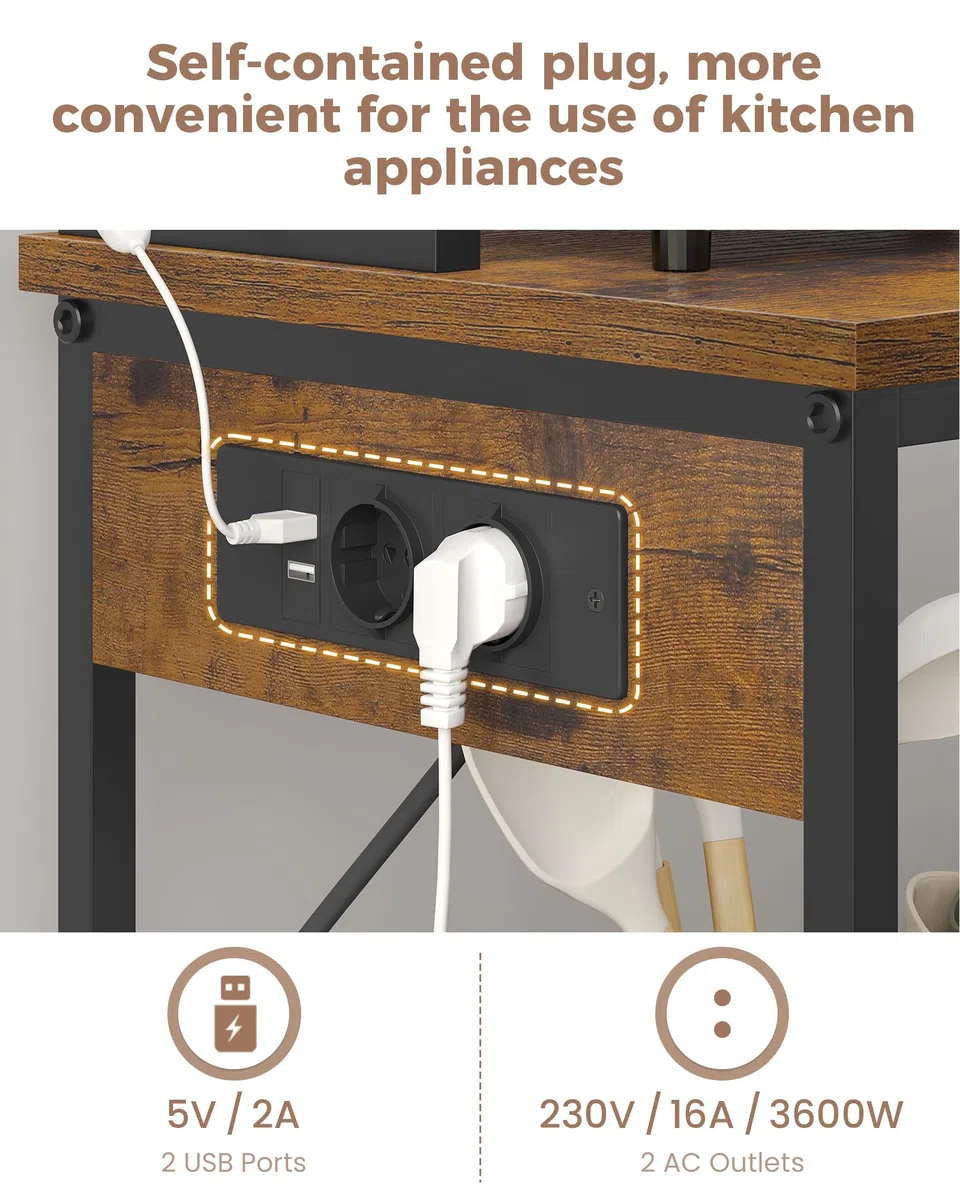 Estantería para panadería, Estante de Cocina, Estante de Panadería con LED, Estante de Pie con Enchufes, Mueble para Microondas, 8 Ganchos en S, para Pasillo, Cocina, Salón, 40 x 80 x 174 cm, Marrón