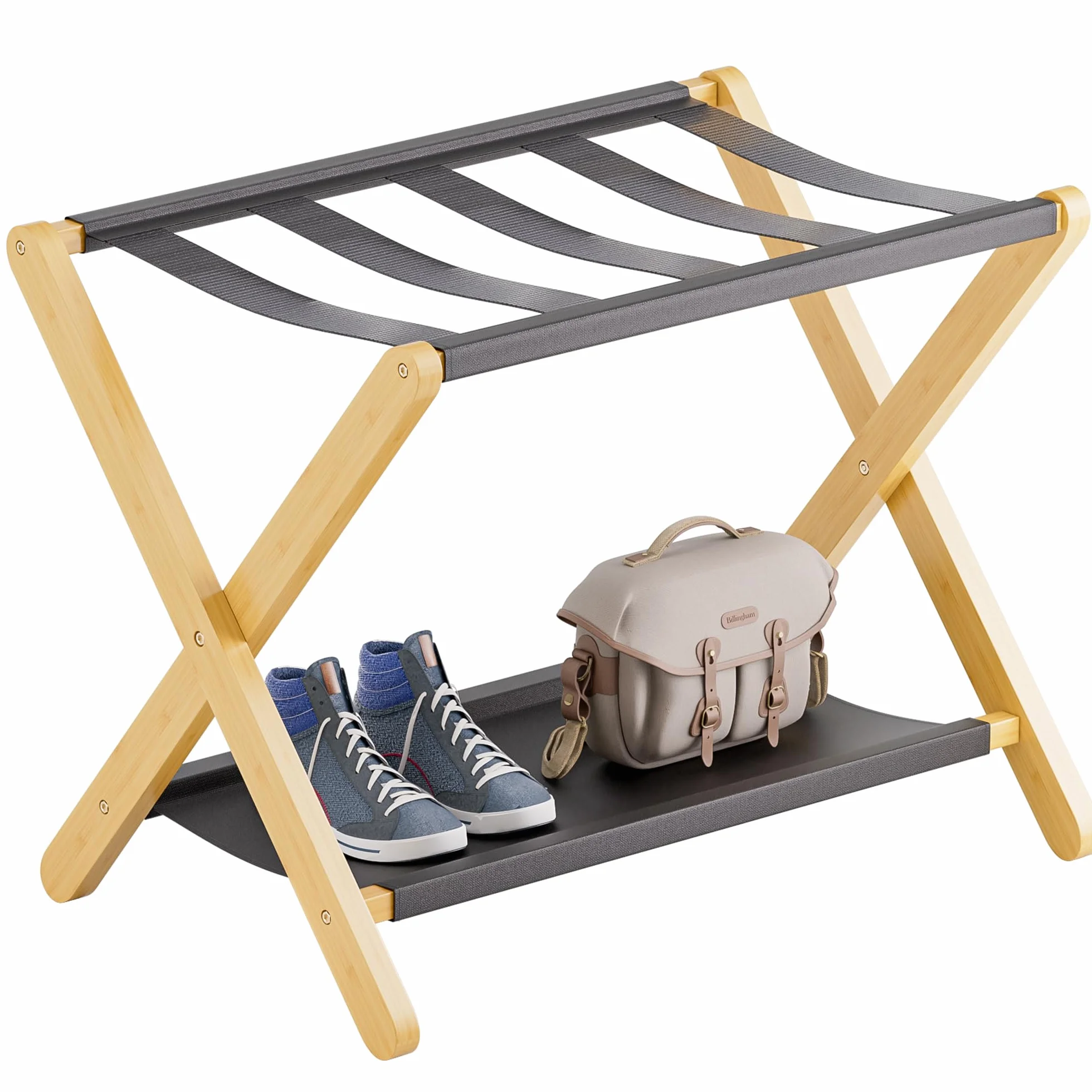 Portaequipaje, Soporte plegable para maletas con estante de almacenamiento, Portaequipaje de bambú premium para habitación de invitados, dormitorio, hotel, Soporta hasta 61 kg (Natural)