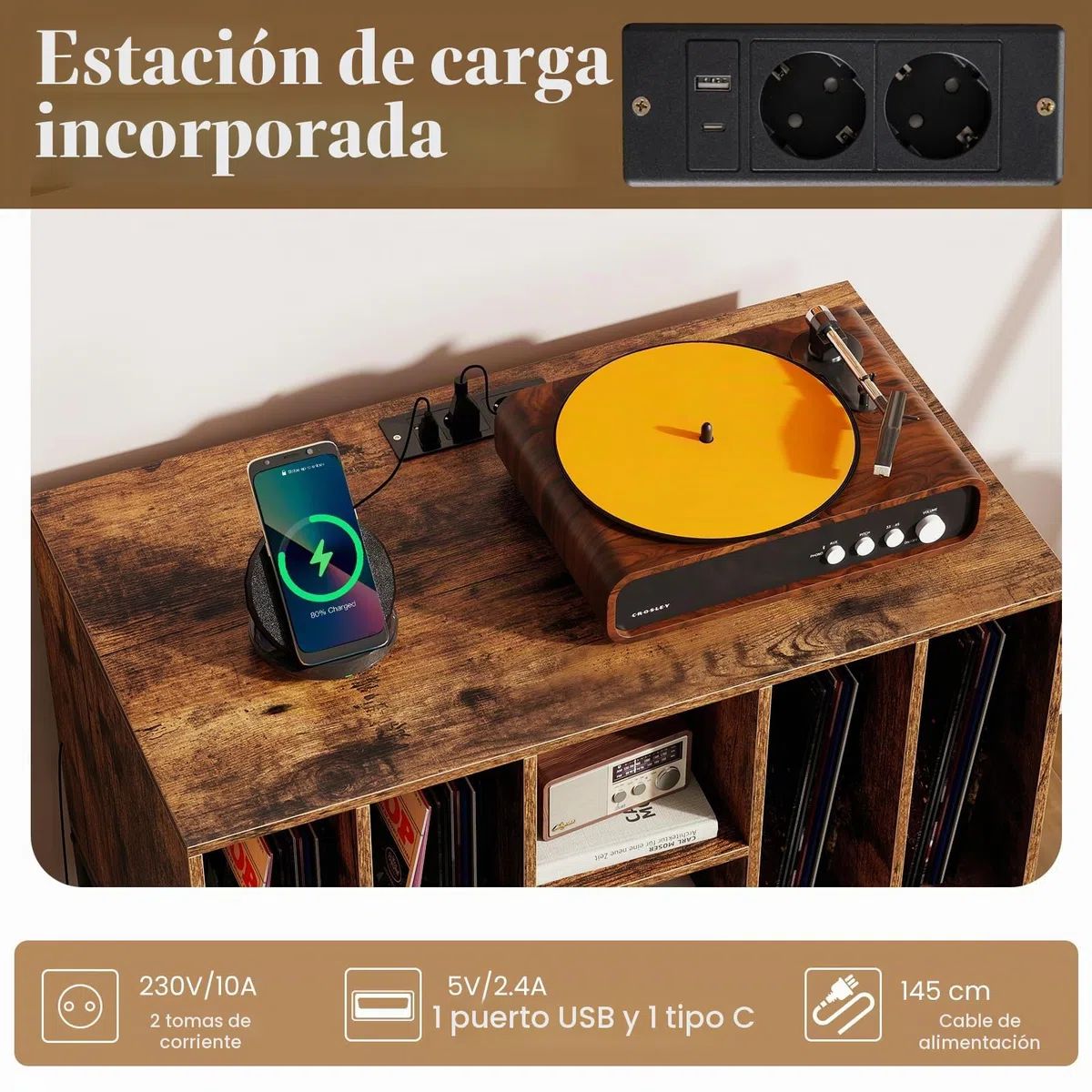 KOMFOTTEU Soporte para Tocadiscos con Estación de Carga, Mueble de Discos de Vinilo con 6 Compartimentos y Estante Abierto, Mesa de Exhibición con Orificio para Cables, 80 x 45 x 79,5 cm (Marrón)
