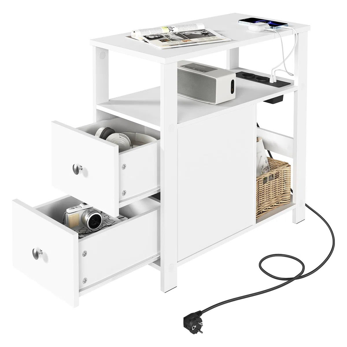 WOLTU Mesita Auxiliar con Enchufe, Mesa Centro con 2 Cajones y 2 Estantes, Mesilla con Enchufe y Puertos USB, para Salón y Dormitorio, Blanco, 60x60x30 cm, BTS28ws