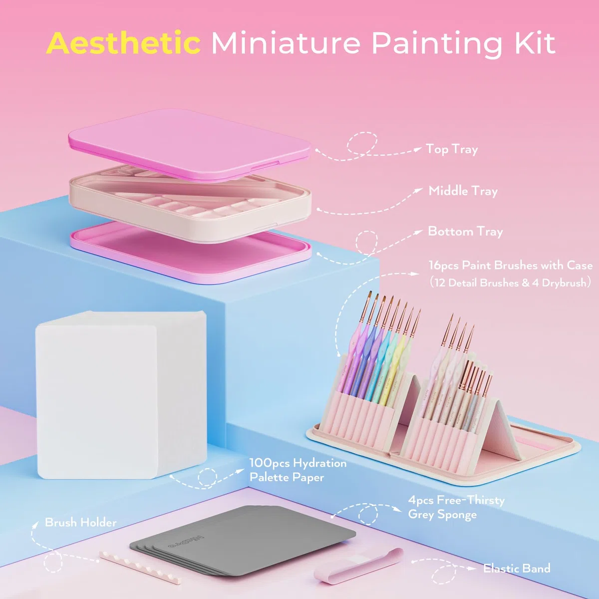 Nicpro Kit de pintura estética en miniatura, paleta húmeda y 16 pinceles de pintura de detalles pastel con bolsa de nailon, 100 piezas de papel de palé, 4 esponjas, paleta de pintura para figuras