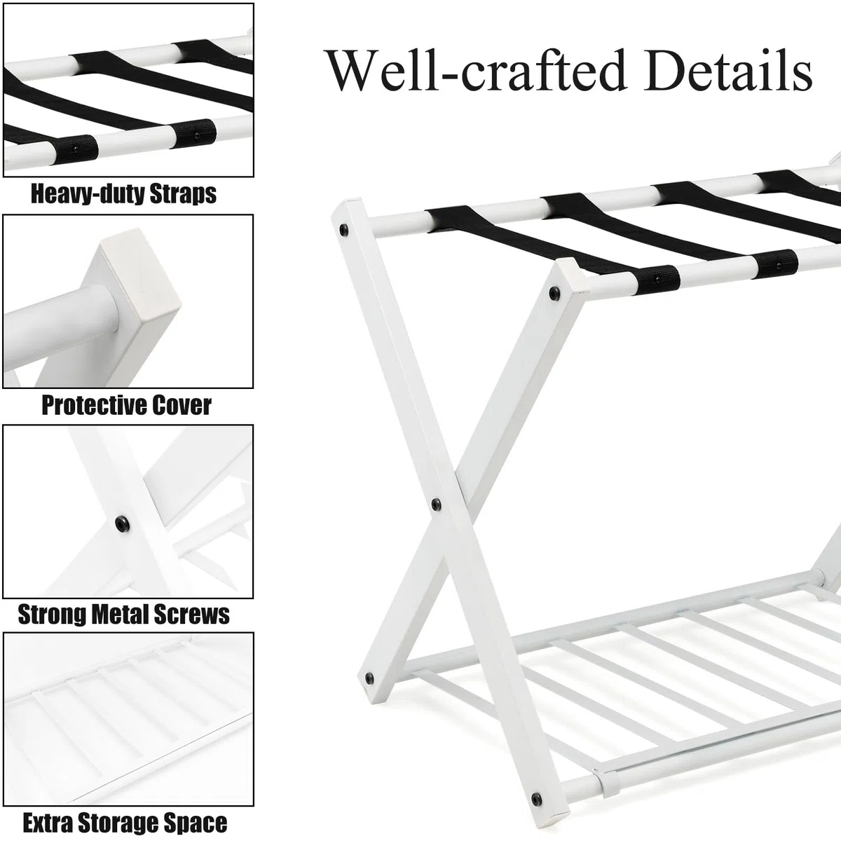 HOMASIS Estante para equipaje plegable, Soporte de metal para maletas y bolsas con estante, Portaequipajes con diseño de 2 niveles, para habitación, hotel, 68x43x56cm (Blanco, 2)