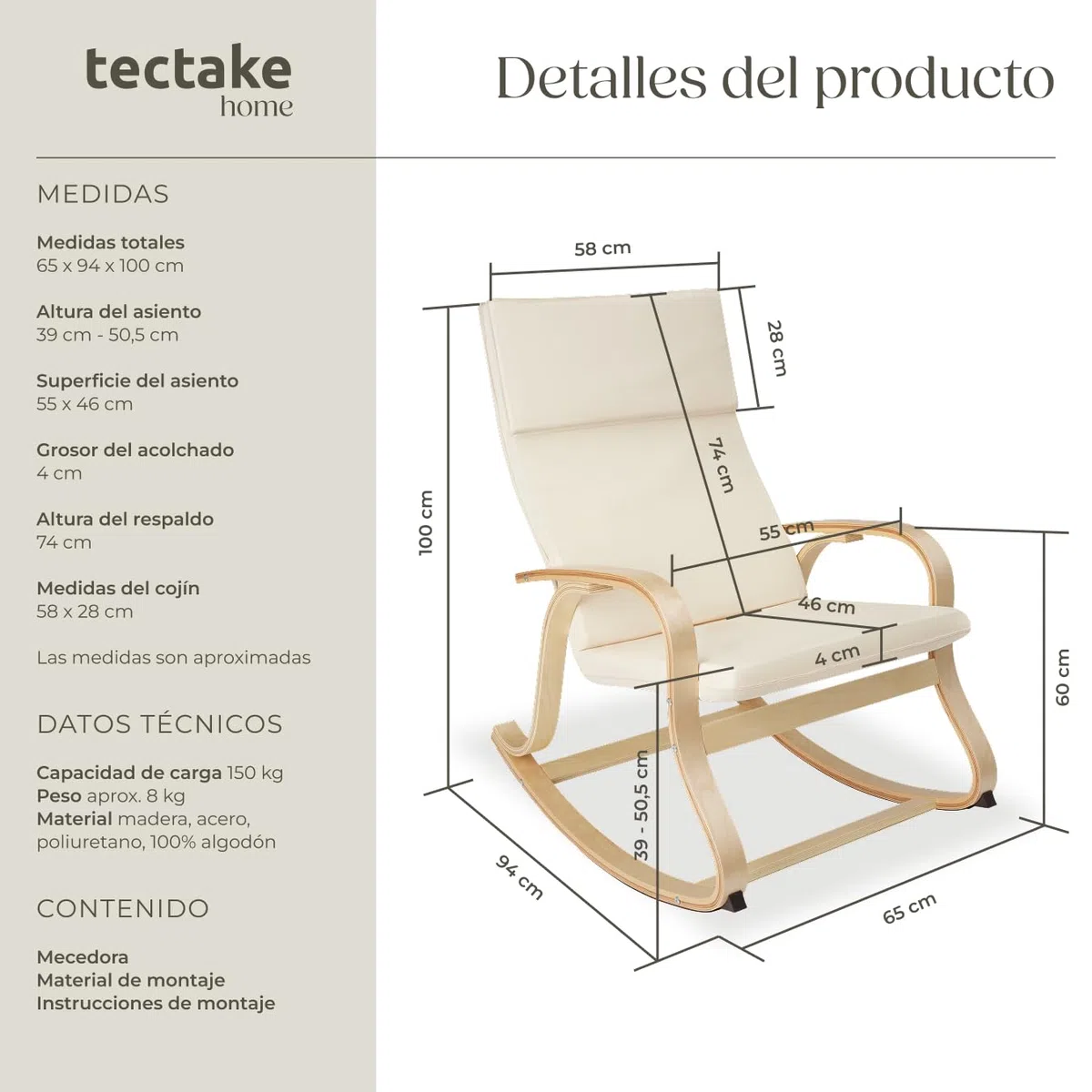 tectake 801034 - Mecedora Roca de Madera de Abedul 150kg, Silla Mecedora, Oscilante, Sillón Ergonómico para Balanceo (Beige)