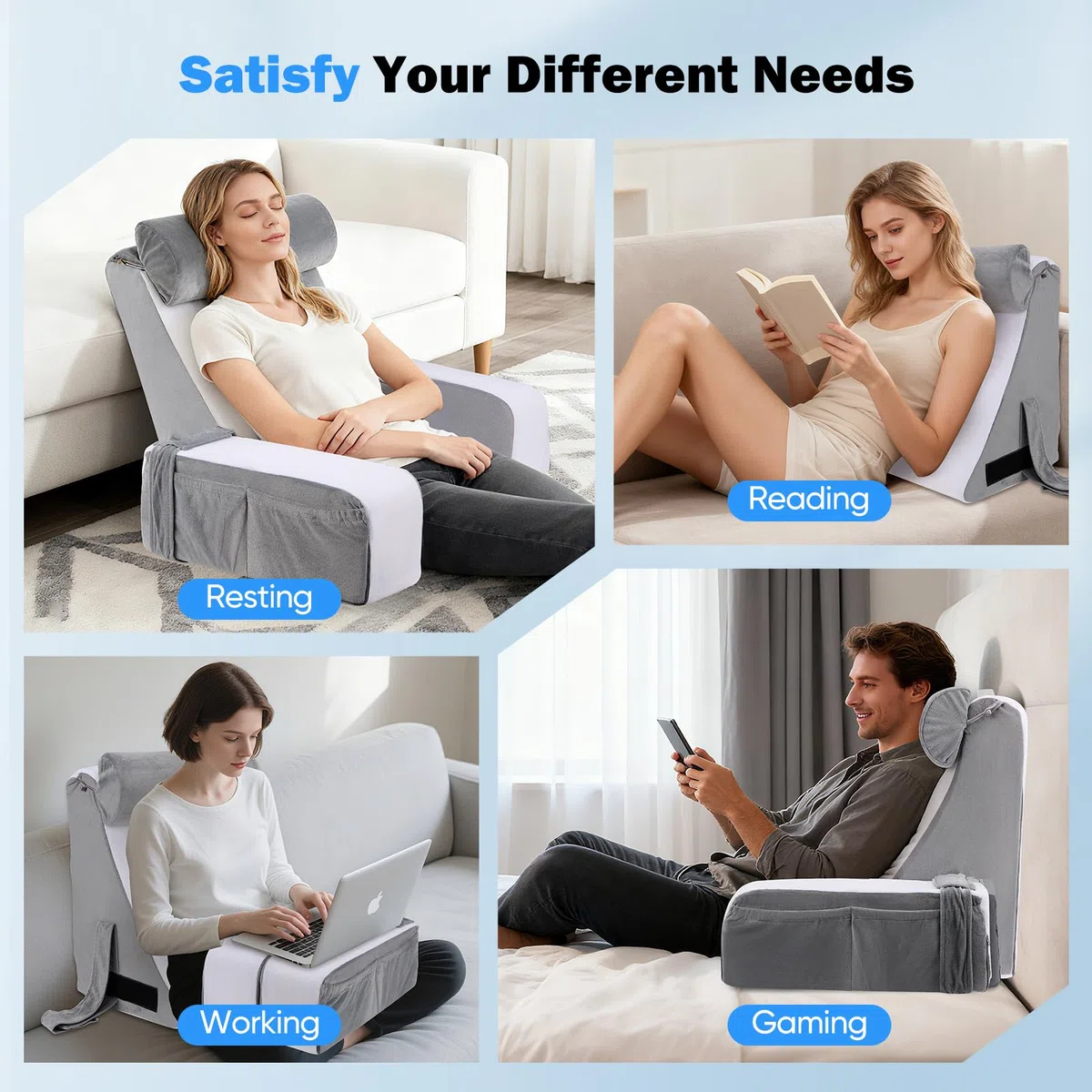 Cojín ergonómico de lectura con reposacabezas y reposabrazos desmontables, soporte lumbar para cama, sofá, suelo, ajustable para leer, trabajar y relajarse
