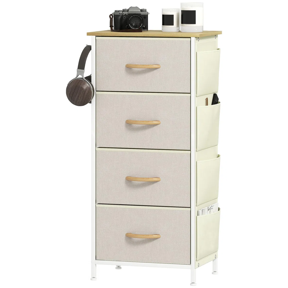 HOMCOM Cajonera de Tela Alta Cómoda con 4 Cajones 4 Bolsillos Laterales 2 Ganchos y Estructura de Acero Cómoda para Dormitorio Sala de Estar Pasillo Beige
