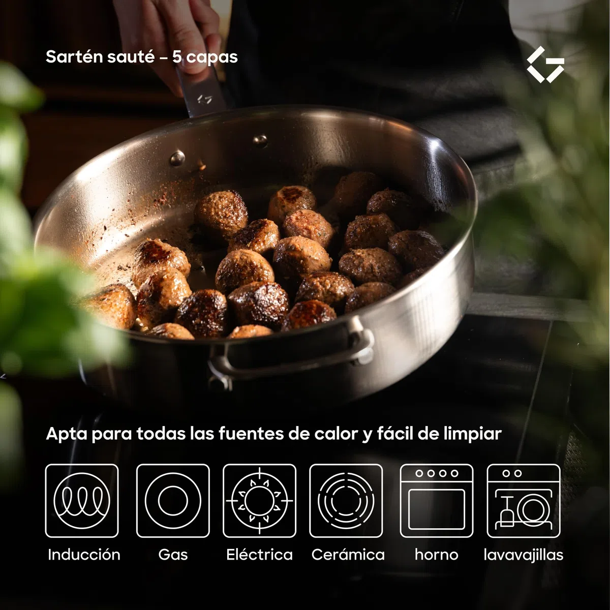 Gastrotools Sartén de acero inoxidable de 28 cm con tapa, sartén de acero inoxidable de 5 capas, sartén universal con asa CoolGrip, libre de PFAS, apta para todo tipo de cocinas