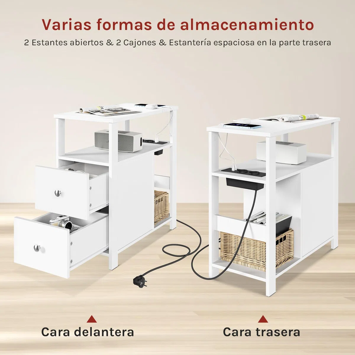 WOLTU Mesita Auxiliar con Enchufe, Mesa Centro con 2 Cajones y 2 Estantes, Mesilla con Enchufe y Puertos USB, para Salón y Dormitorio, Blanco, 60x60x30 cm, BTS28ws