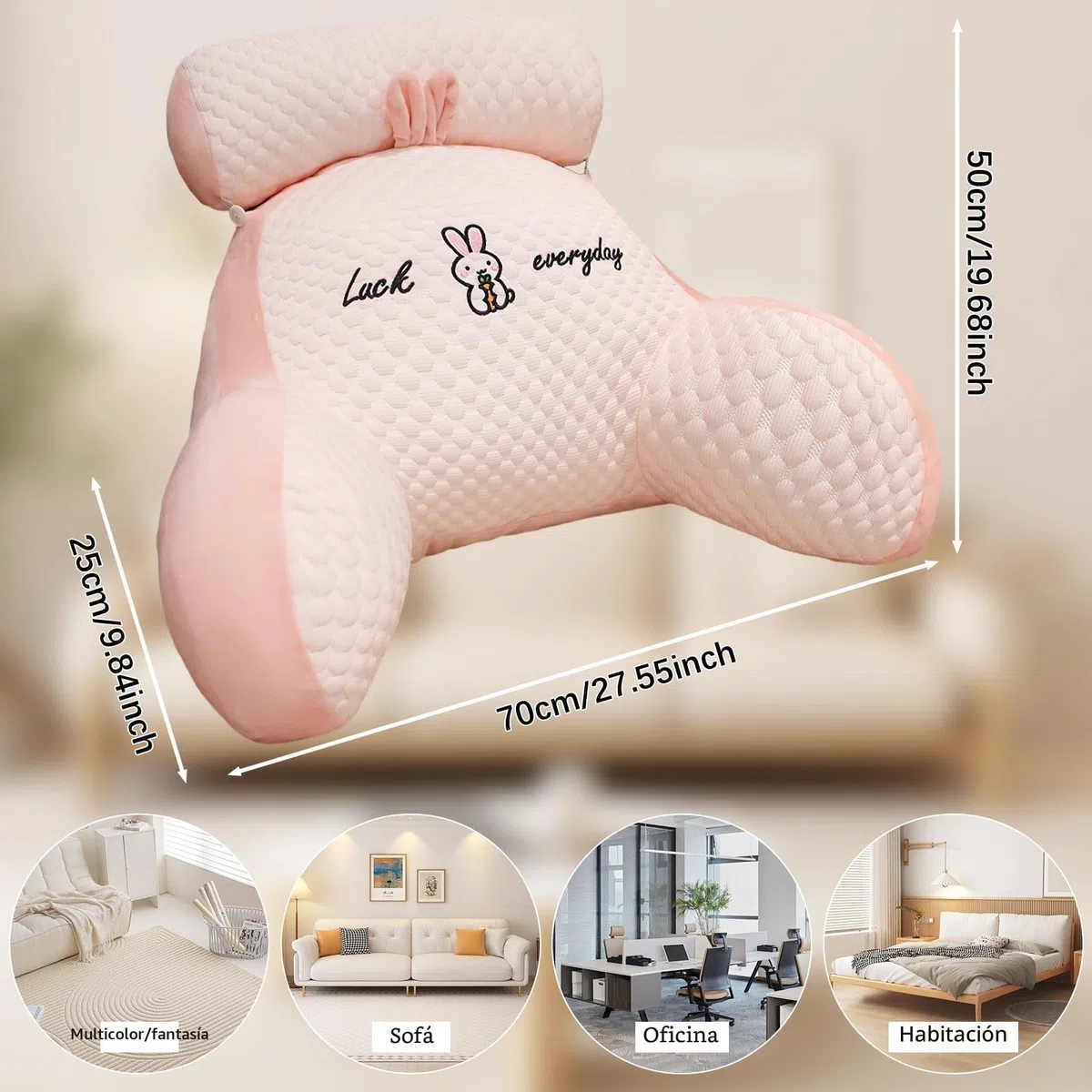 Almohada Lectura Cama, 70x50cm Grande Cojín Lectura Cama con Respaldo Apoyo Lumbar y Cuello Desmontable y Brazos, Cojin Respaldo para Trabajar, Leer o Jugar en la Cama Sofá Suelo (Rosa, X-Large)