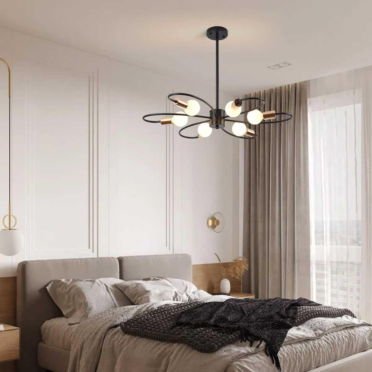 Qcyuui Lámpara de araña Sputnik de 6 luces, lámpara de techo moderna, lámpara colgante de metal de 60 vatios, candelabro de altura ajustable para cocina, comedor, sala de estar, dormitorio, negro