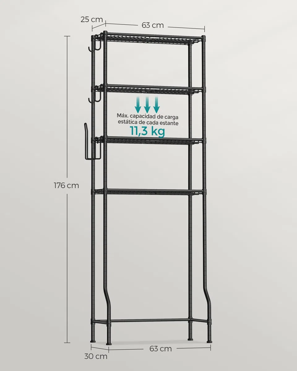 SONGMICS Estantería de Inodoro de 4 Estantes, Estante de Metal para el Baño, Estantes Ajustables, con 4 Ganchos y Portarrollos, Ahorra Espacio, 30 x 63 x 176 cm, Negro BTS013B01