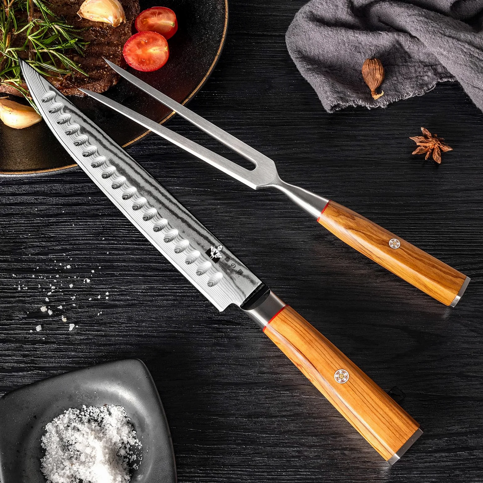 Set de Cuchillos Para Trinchar 2 Piezas, Cuchillo Rebanador de 22,5cm y Tenedor, Cuchillo para Carne de Acero Damasco de 67 Capas, Núcleo de Corte VG10 con Mango de Madera de Olivo