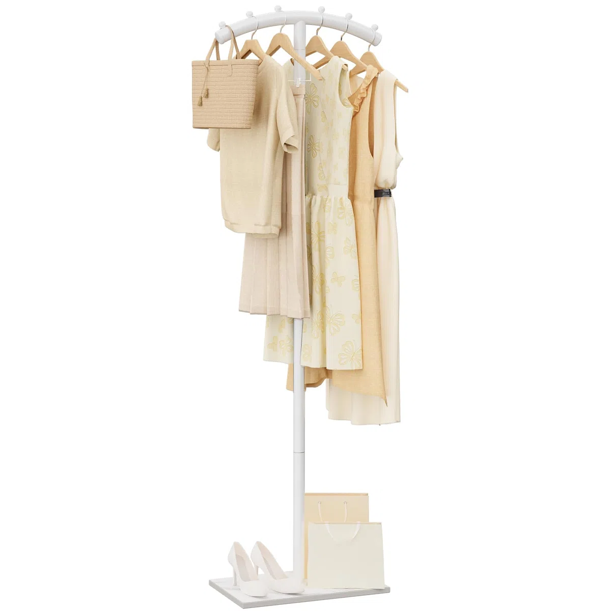 Perchero de metal de pie, Moderno Colgador de Ropa Curva en Forma de T, con Placa Inferior de Roca Gruesa, Percheros para Sala de Estar, Dormitorio, Entrada y Oficina, 175cm, Blanco