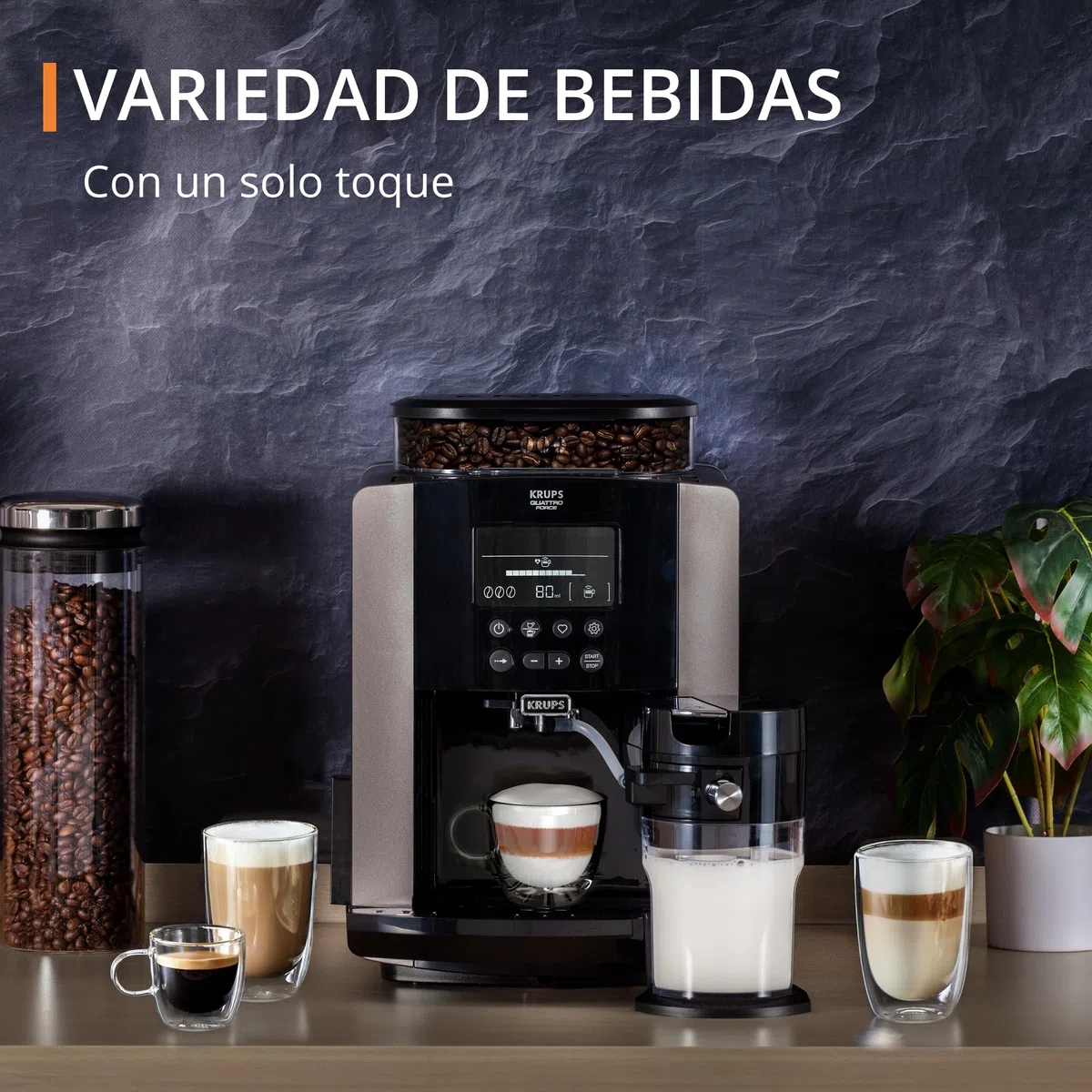 Krups Quattro Force Arabica Latte - Cafetera superautomática 15 bares, pantalla LCD, programas de leche y personalización bebidas, molinillo metálico profesional, modo limpieza, jarra leche