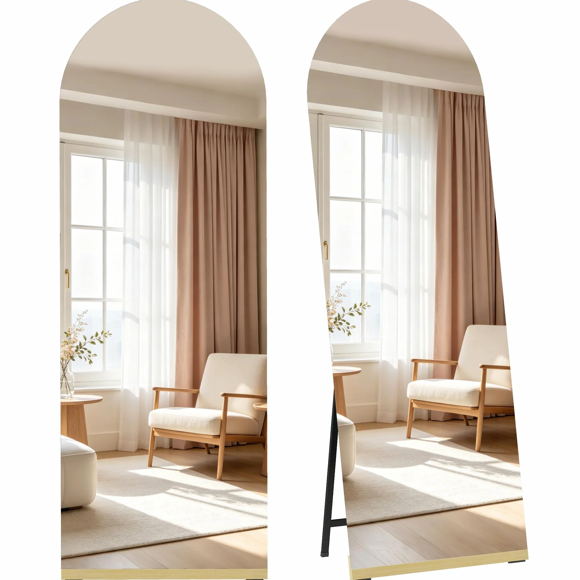 HOMCOM Espejo de Cuerpo Entero Curvado 160x50 cm, Espejo de Pie, sin Marco, Base de Madera, para Salón, Dormitorio, Pasillo, Entrada