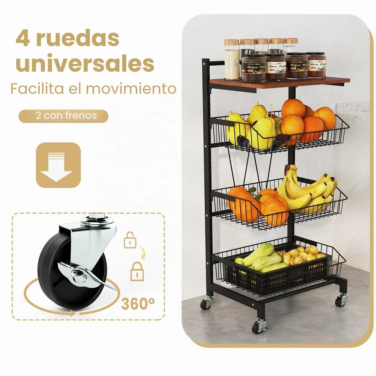 KOMFOTTEU Carro de Verduras y Frutas con Ruedas, Cesta Móvil de Frutas con Tapa de Madera, Carrito Auxiliar con Marco de Metal y Cestas Extraíbles de Malla (3 Cestas, 40 x 31 x 88 cm)