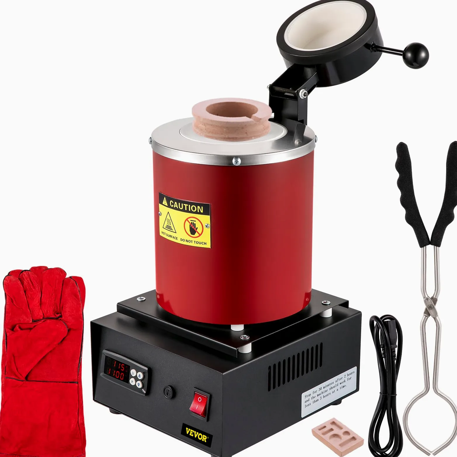VEVOR Horno de Fusión de Oro, Temperatura Máxima de 1150 ℃, Horno de Fusión Eléctrico Digital con Crisol Cerámico de 3 kg, Matriz de Lingote y Guantes, para Procesar Oro/Plata/Cobre/Aluminio, Rojo