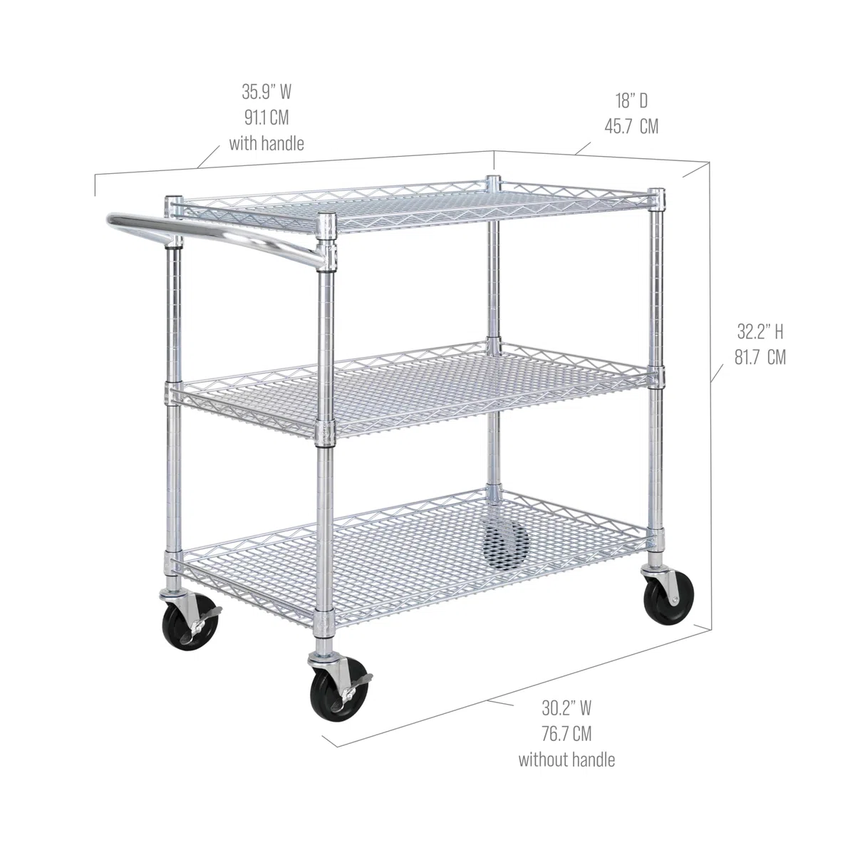 Seville Classics Carro Multiusos de Metal Plateado, 86,4 x 45,7 x 85,1 cm