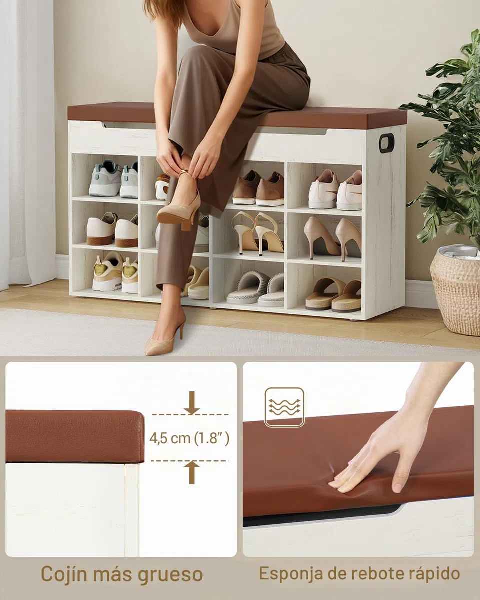 Hzuaneri Banco Zapatero, Zapatero con Asiento, Banco con Espacio de Almacenamiento, 12 Compartimentos, Estantes Extraíbles, Edecuado para Salón, Pasillo, Entrada 30 x 100 x 55,4 cm Marrón y Blanco