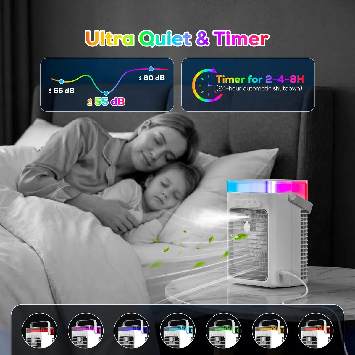 Aire Acondicionado Portátil, 3-en-1 Enfriador por Evaporación con 3 Velocidades y 2 Modos de Niebla, 1000ml Mini Aire Acondicionado, Ventilador USB con Luz RGB y Timer para Oficina Coche Camping