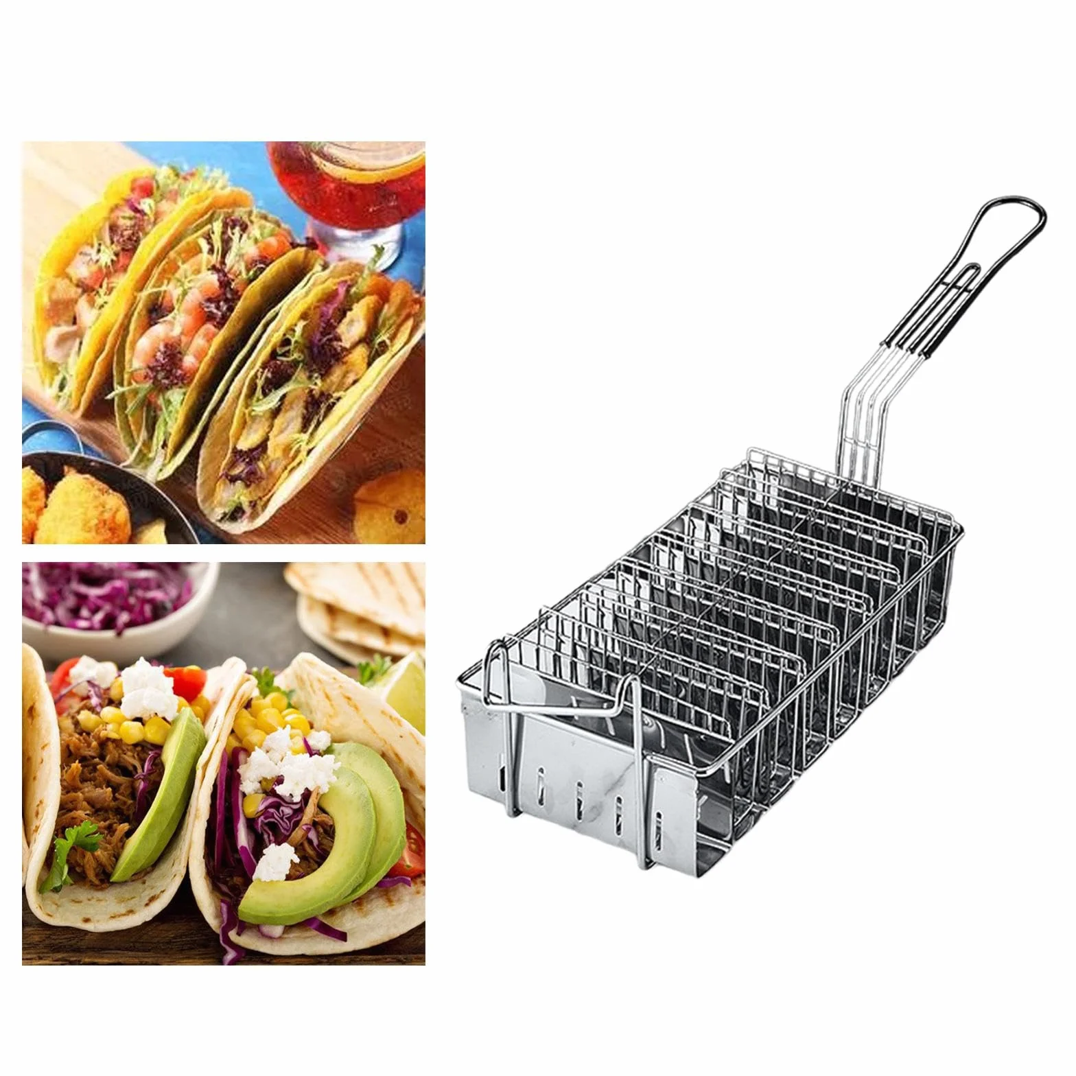 Taco Freidora Cesta Y Tortillas Canasta de con Mango Ergonómico de Acero Inoxidable Adecuada para Cocina Cafetería Bar Hogar, 8 Rejillas