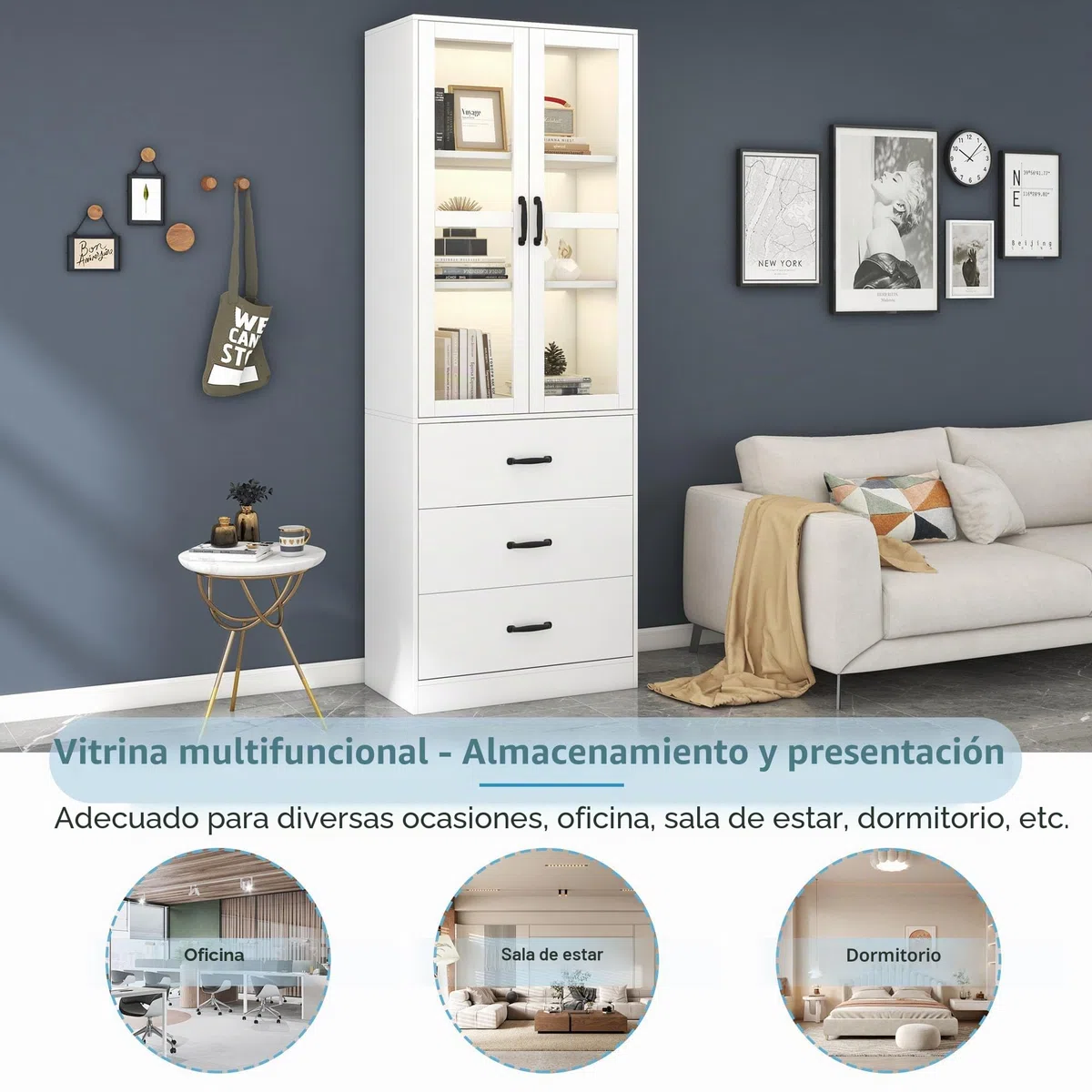 Vitrina blanca 200 cm, 3 cajones, 2 divisores móviles, 2 puertas de cristal, iluminación LED - adición elegante