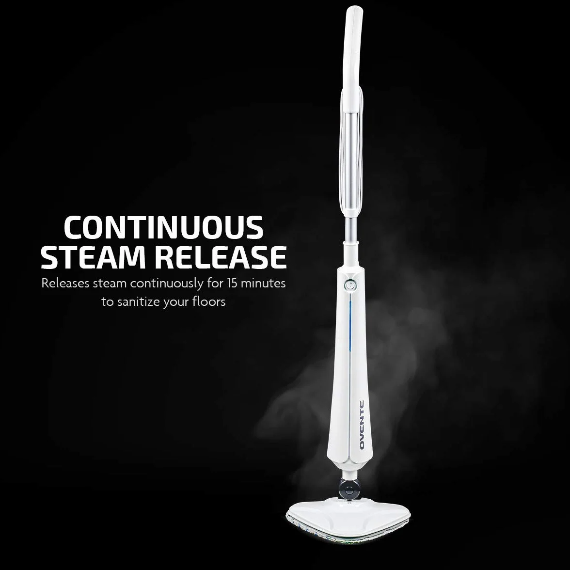 OVENTE Limpiador eléctrico a vapor, vaporizador de 1300 W para limpiar azulejos y suelos de madera dura con cabezal giratorio, tanque de agua recargable y almohadilla de microfibra, ideal para