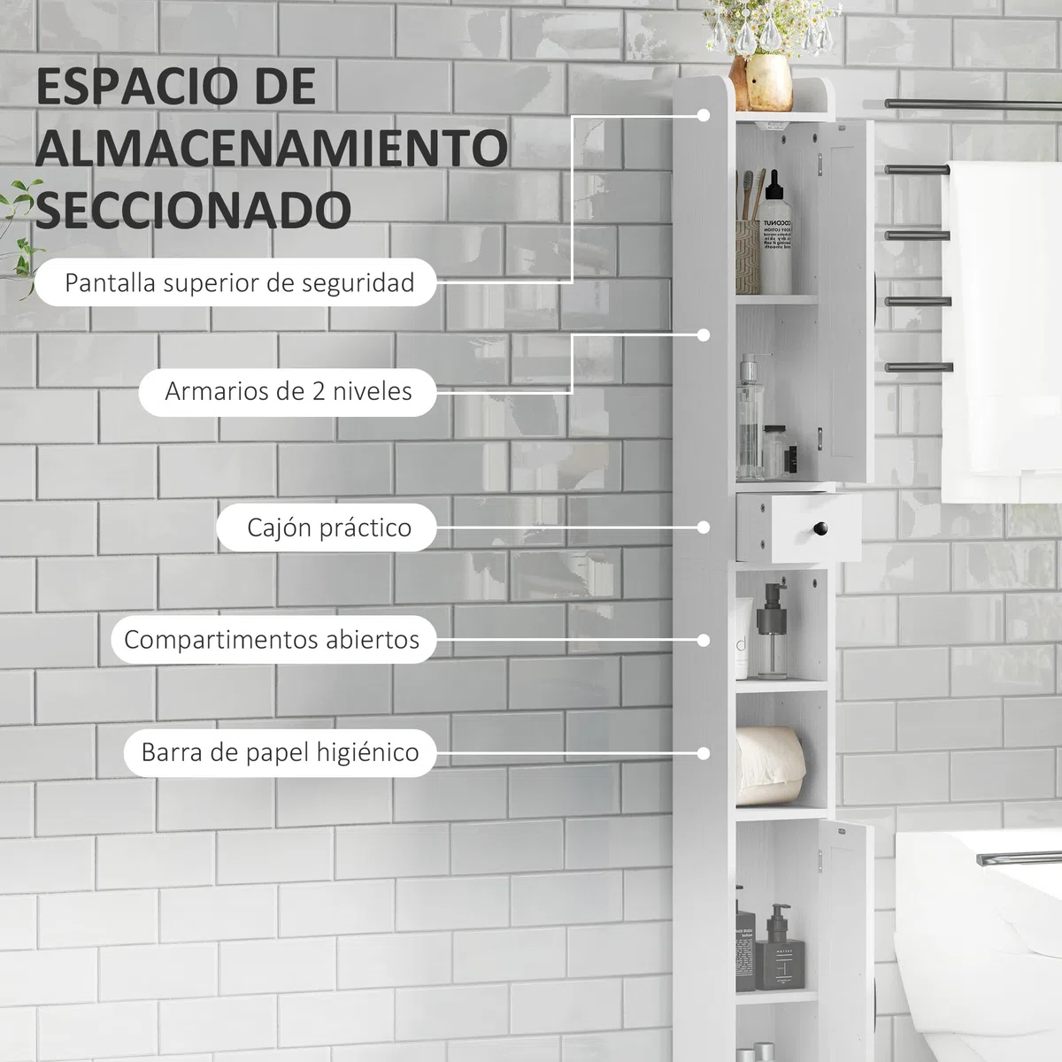 HOMCOM Columna de Baño Estrecha con 2 Puertas Armario Alto de Baño Rústico con Cajón Compartimento Abierto Estantes Ajustables y Portarrollos 20x20x185 cm Blanco