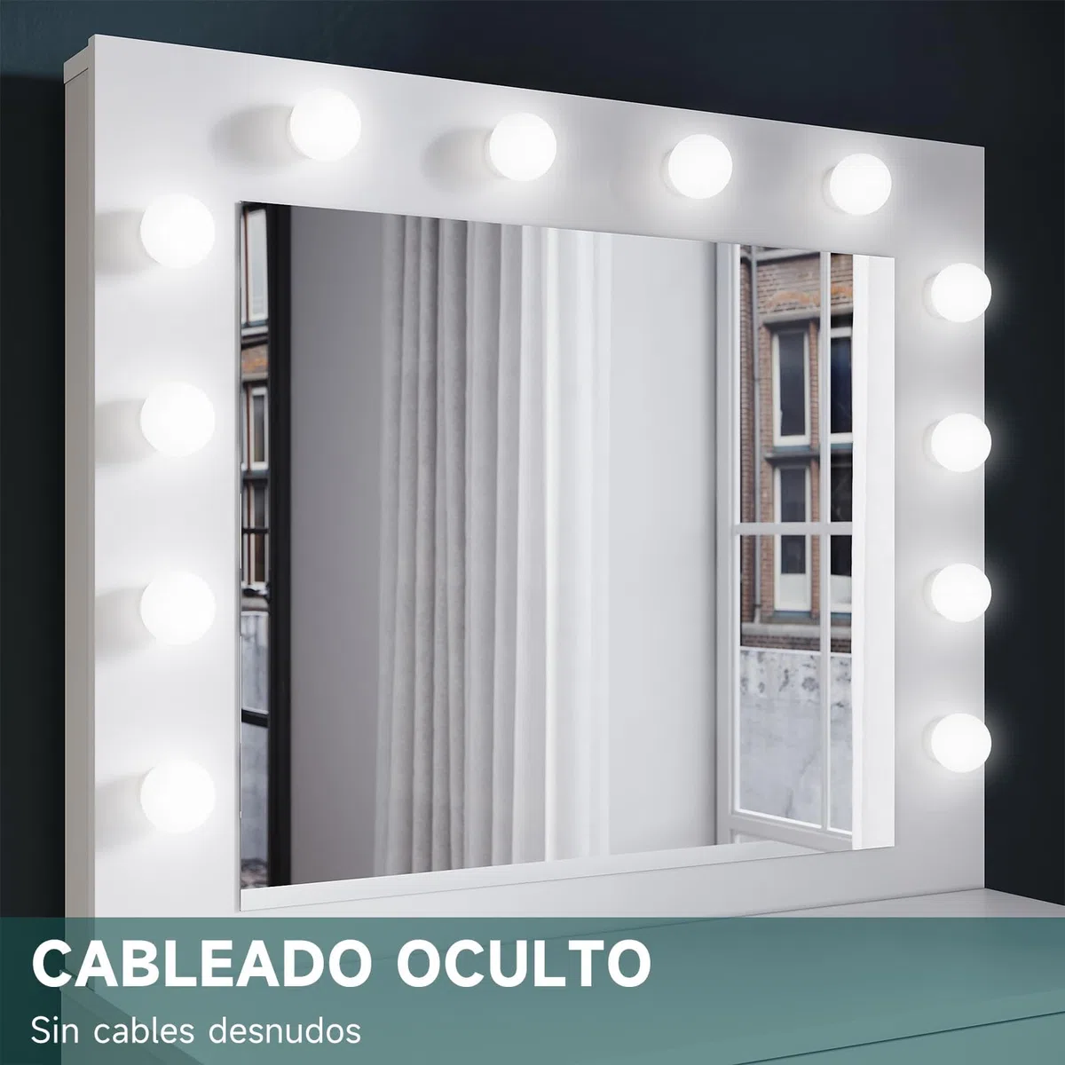 SONNI Tocador, 12 Luces LED con Brillo Ajustable, 1 Cajones Grandes y Taburete, Estilo Moderno, 80x40x140cm-Blanco