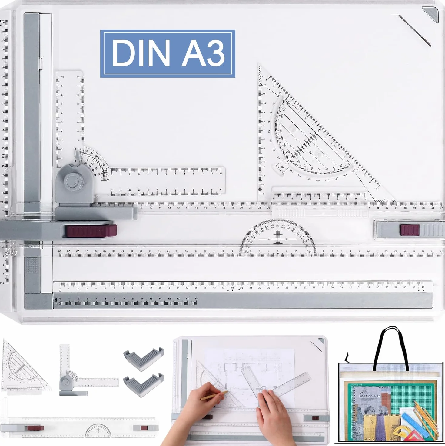 Tablero de Dibujo 51x37cm con Bolsa de Transporte, Tablero de Dibujo DIN A3, Dibujo Técnico Multifuncional con Movimiento Paralelo y Ángulo Ajustable, Accesorios para Arquitectos Ingenieros Profesores