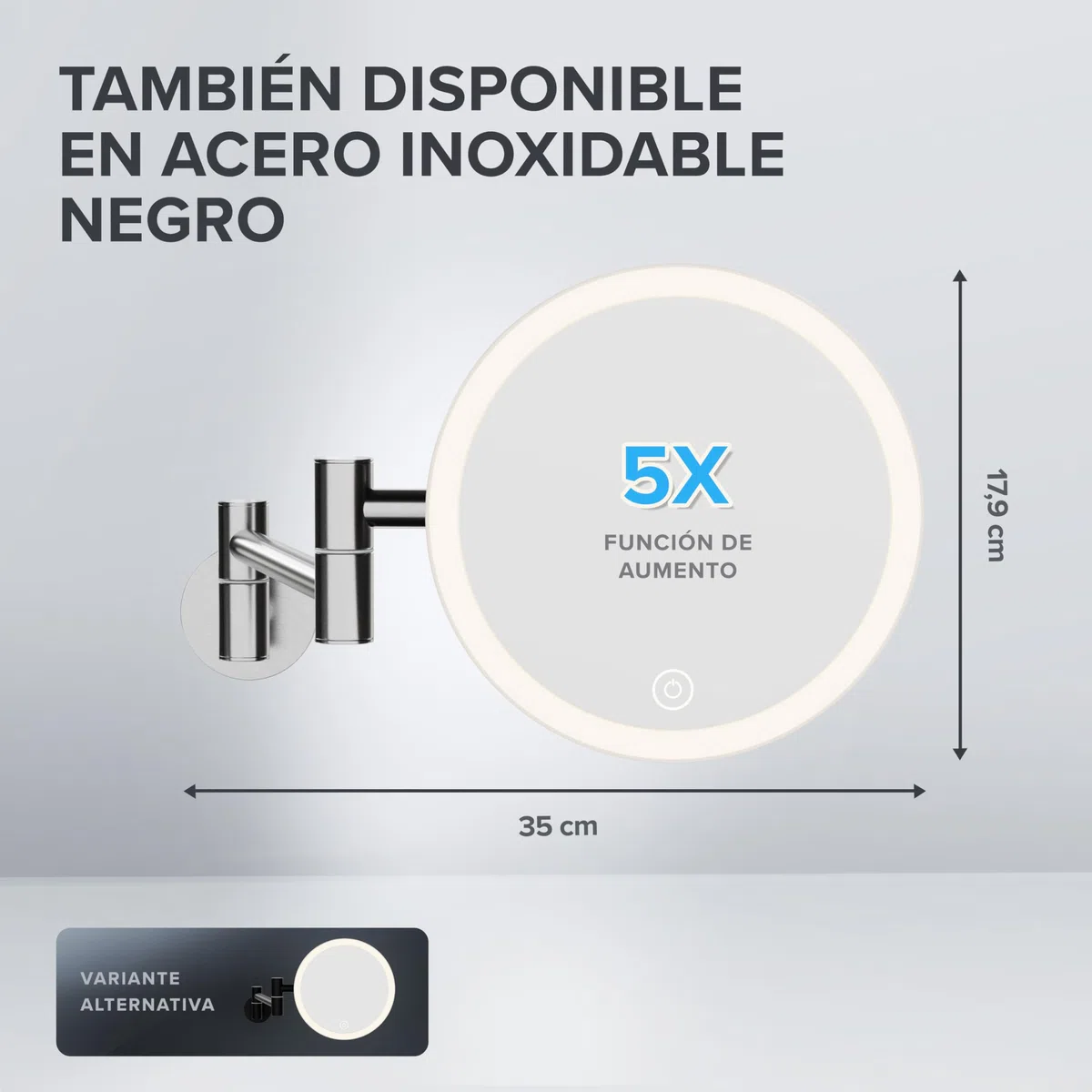 ovimar Vorupor - Espejo de maquillaje (360 grados, con iluminación, recargable, montaje en pared para taladrar, para baño, 5 aumentos, con luz)