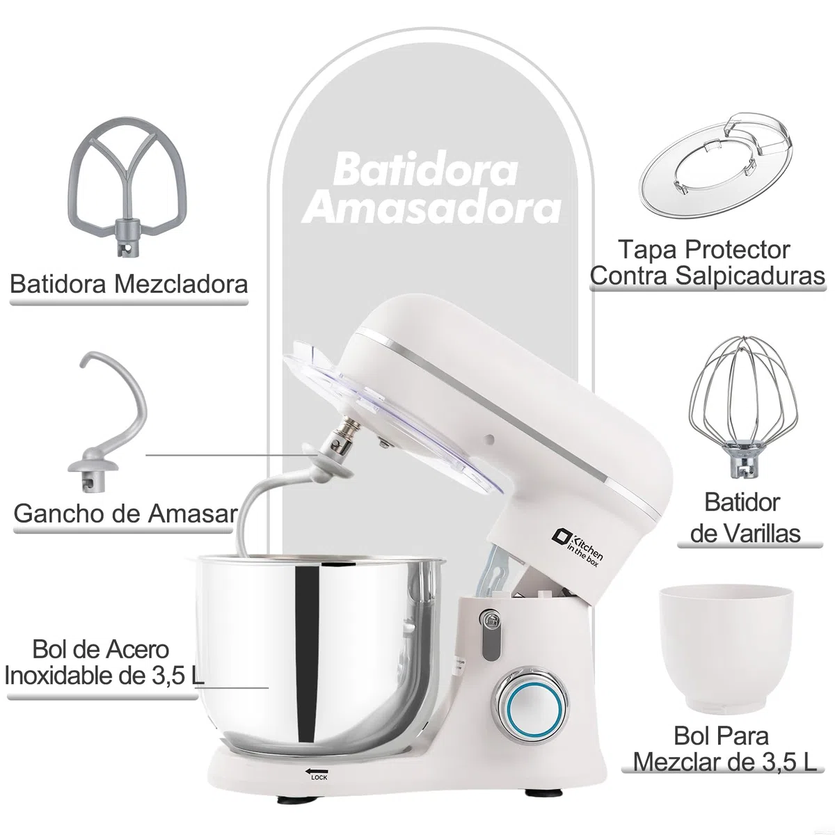 Kitchen in the box Batidora Amasadora, Pequeña Amasadora de Pan con 2 Boles de 3,5 L, 10 Velocidades, Robot de Cocina Ligero con Batidor, Gancho Amasador y Batidora Mezcladora (Blanco Glaciar)