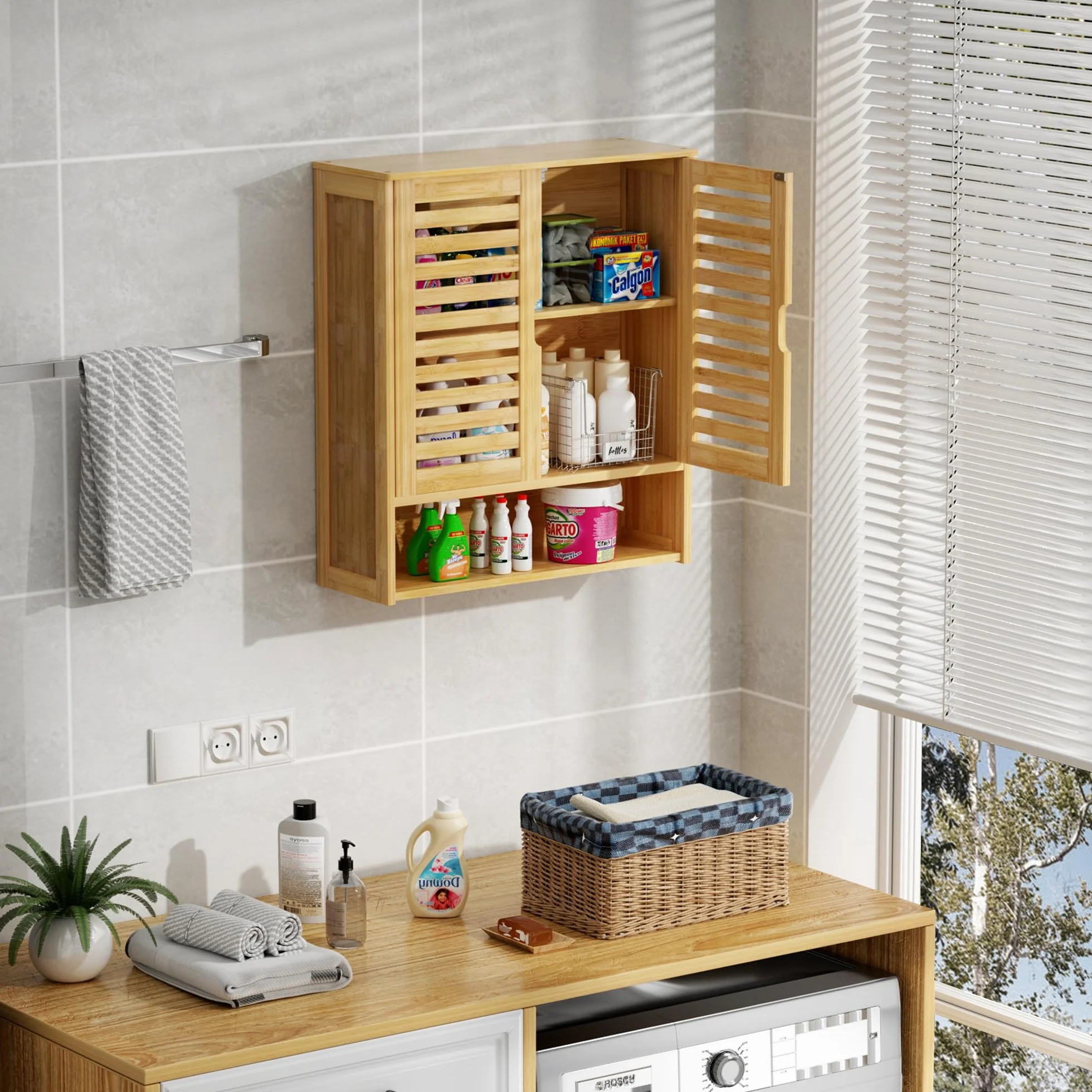 unho Armario de Baño de Bambú para Pared, Mueble Baño Colgar con Puerta con Cierre Magnético y Estante Ajustable, Organizador de Almacenamiento sobre Inodoro, 59x20.5x66.5cm, Madera Natural