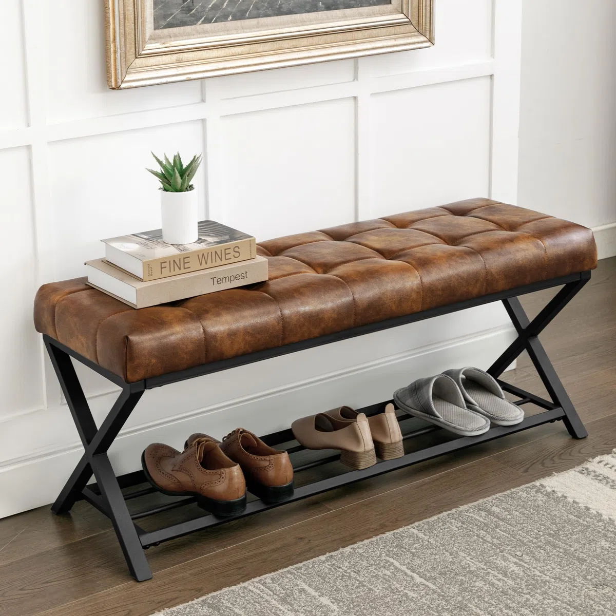 LUE BONA Banco Zapatero,Mueble Zapatero Banco De Zapatos con Asiento,Almacenamiento Zapatos for Banco Zapatero para Ahorrar Espacio para Sala de Estar, Dormitorio, Entrada,113 x 38 x 46 cm,Marrón