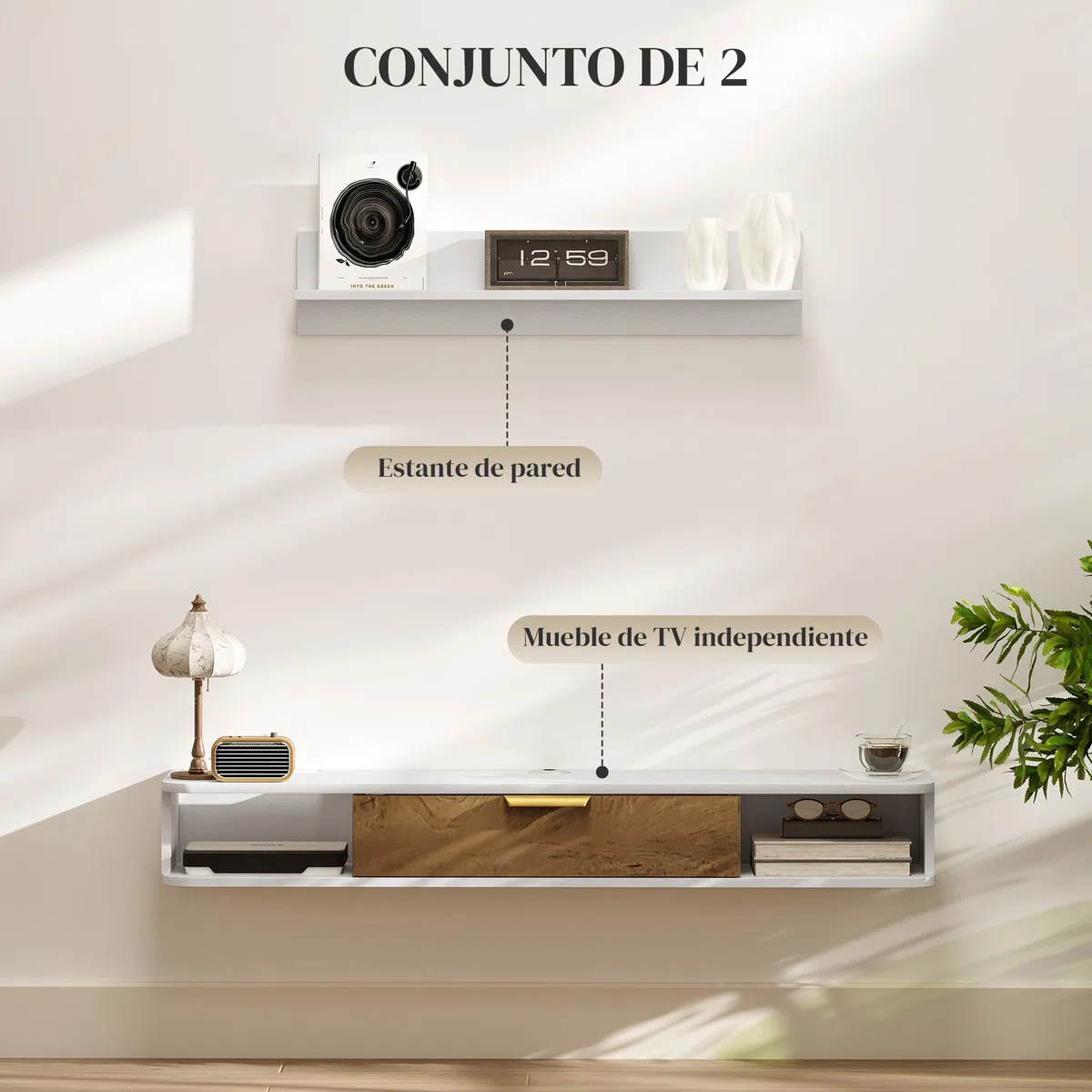 HOMCOM Conjunto de Muebles de Salón, Muebles de TV con Estante de Pared, Puerta, Estantes Abiertos, Orificios para Cables, para Televisión de Pared, 120x24x16 cm, Blanco