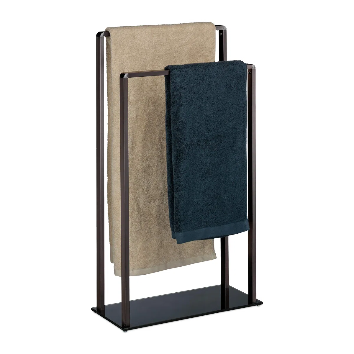 Relaxdays Toallero de Pie con 2 Barras, Metal-Cristal, Bronce-Negro, 80 x 45 x 20 cm