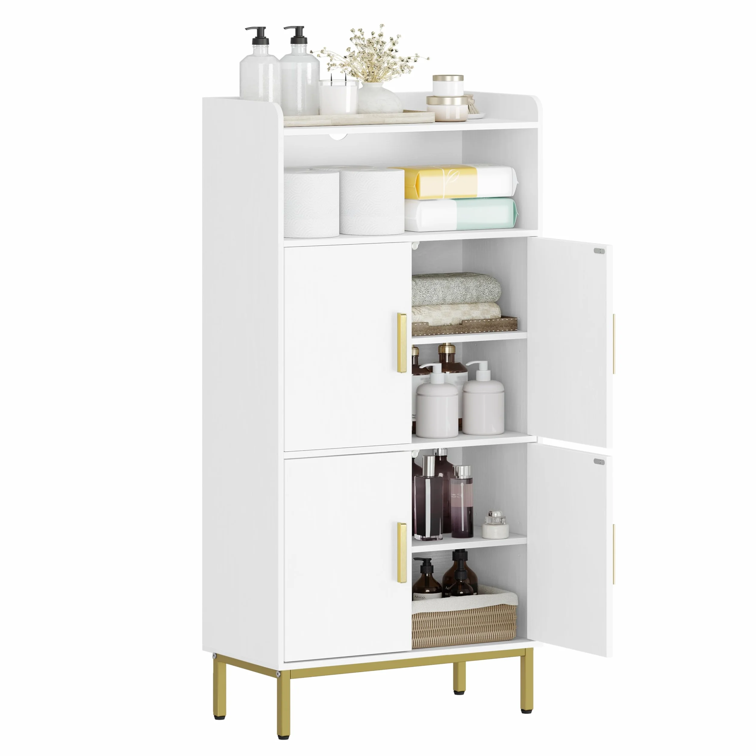 Hzuaneri Armario de Baño, Armario de Almacenamiento, 2 Puertas de Mueble y 1 Espacio Abierto, Estantes Ajustables, Baño de Casa, Sala de Estar, Estudio, Dormitorio, 30 x 60 x 120 cm, Blanco SC45613G